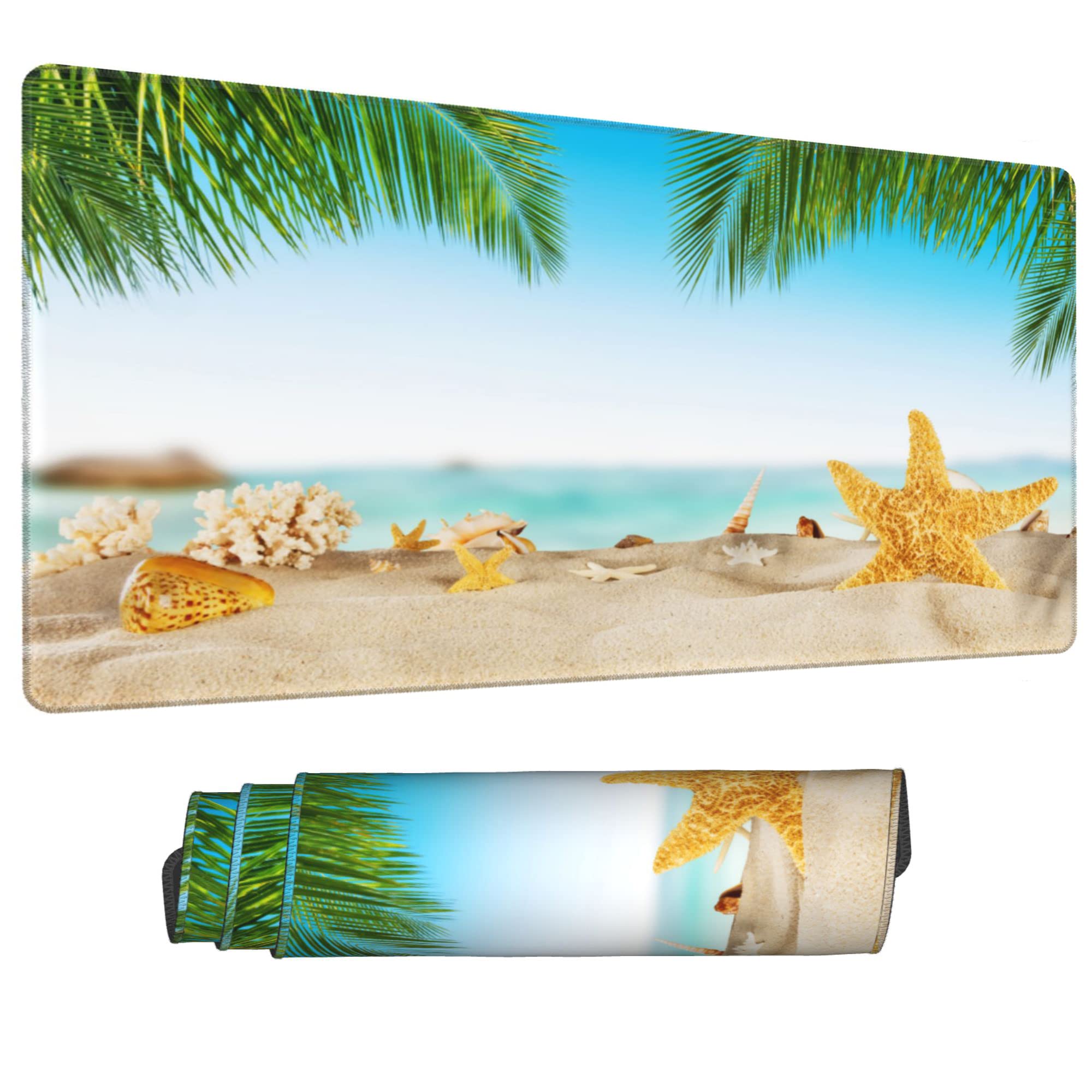 Premium Large Gaming Mouse Pad with Non-Slip Rubber Base - 31.5x15.7 Inch Extended Desk Mat Featuring Beach Starfish Shells Design & Stitched Edges - Perfect for Office Work, PC Gaming, and Computer Use - Ideal for Home Office, Gaming Setup, and Workspace Organization