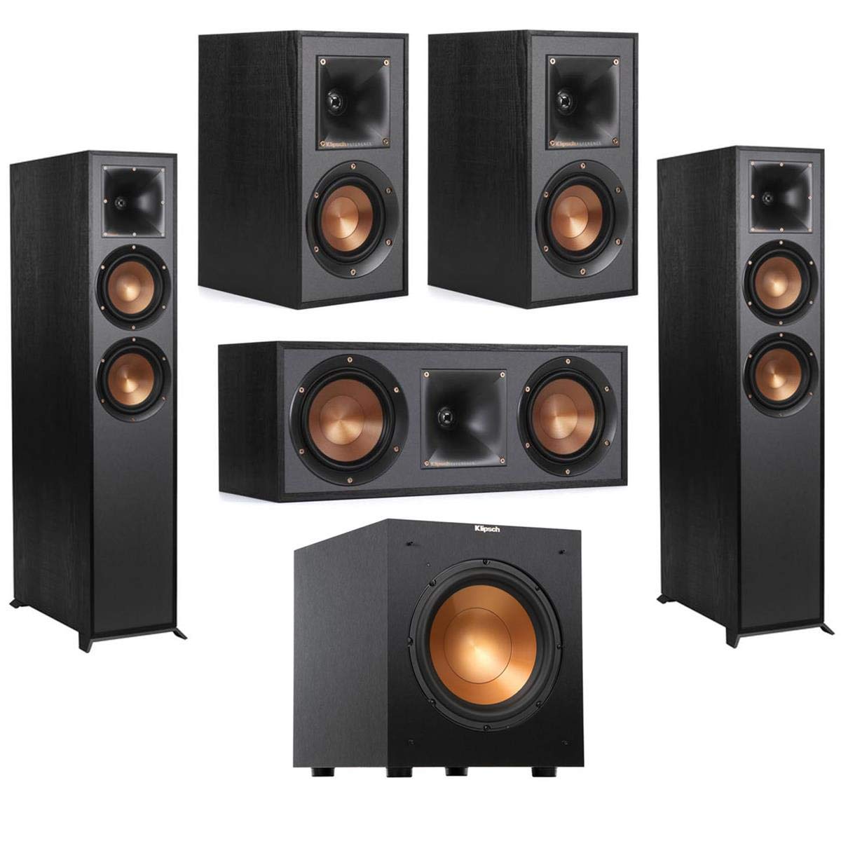 Klipsch Reference R-625FA 5.1 Channel Dolby Atmos Home Theater System with 2X R-41M Bookshelf Speakers, R-52C Center Channel & R-100SW 10