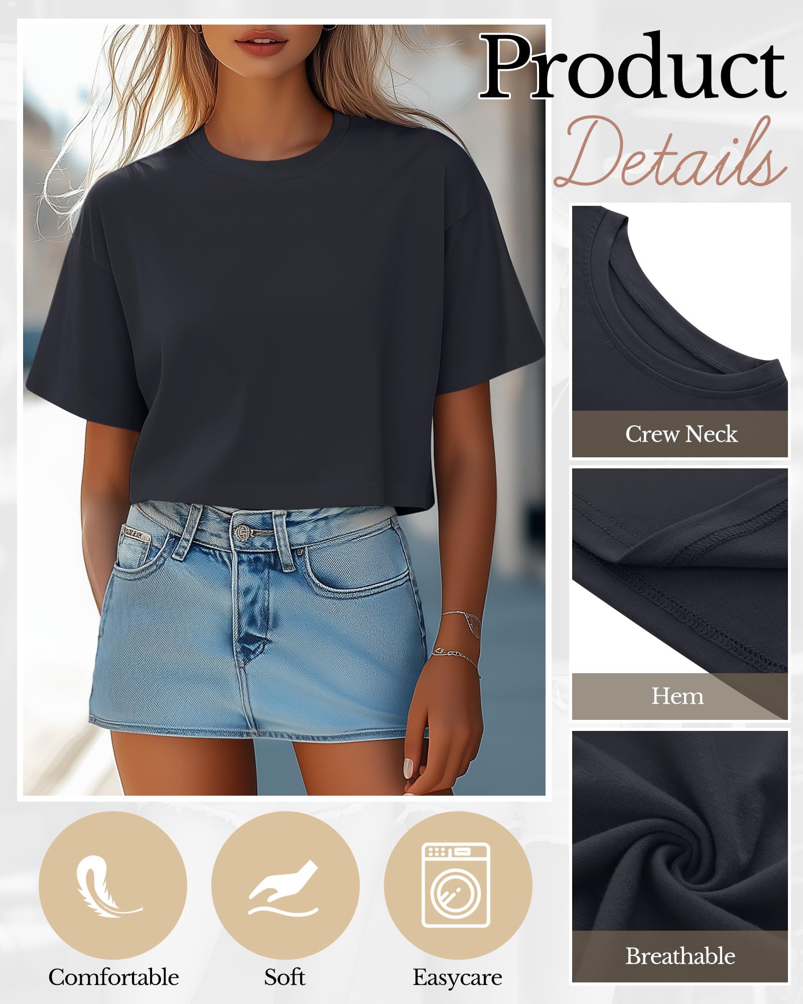 Riyiper 4 Pack Women's Half Sleeve Crop Tops - Casual Crew Neck Plain T-Shirts for Spring & Summer | Workout, Yoga, Office & Everyday Wear