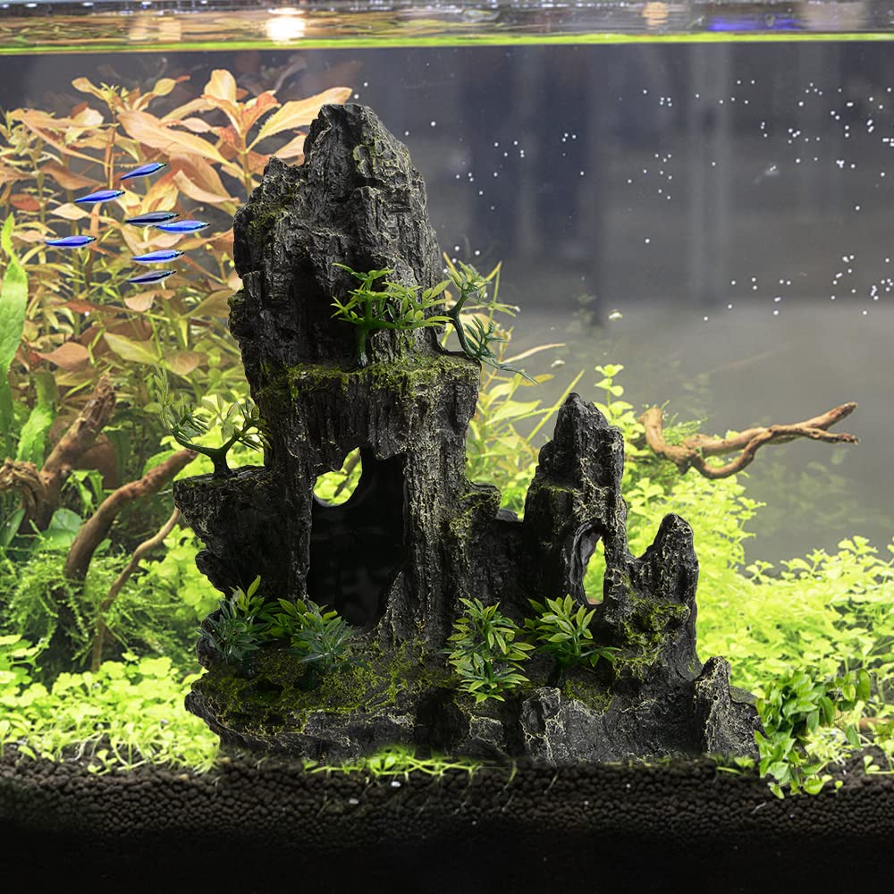 Large & Tall Aquarium Mountain View Stone Decor - 11 Inch Resin Rock Cave Ornament with Plants for Fish Tank Aquascaping | Perfect for Betta Fish, Goldfish & Tropical Aquariums