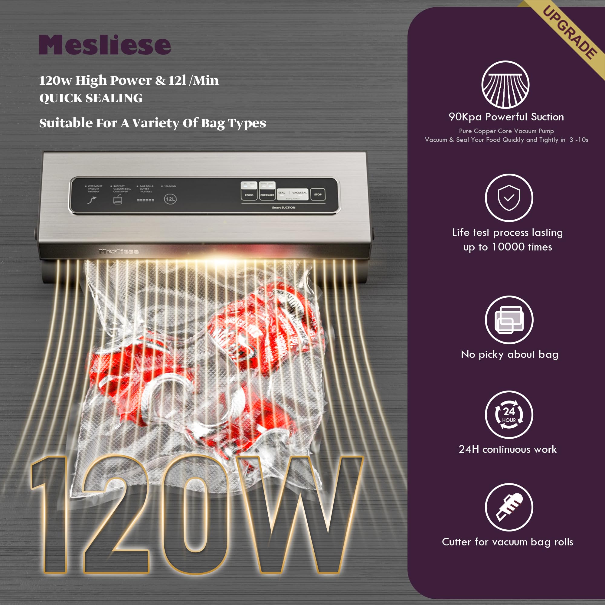 Powerful 90Kpa Vacuum Sealer Machine - 6-in-1 Compact Food Preservation System with Cutter, 2 Bag Rolls & 5 Pre-cut Bags, 12mm Wide Sealing Strip for Dry & Moist Foods | Perfect for Meal Prep, Sous Vide, Freezing & Long-Term Food Storage (Silver)