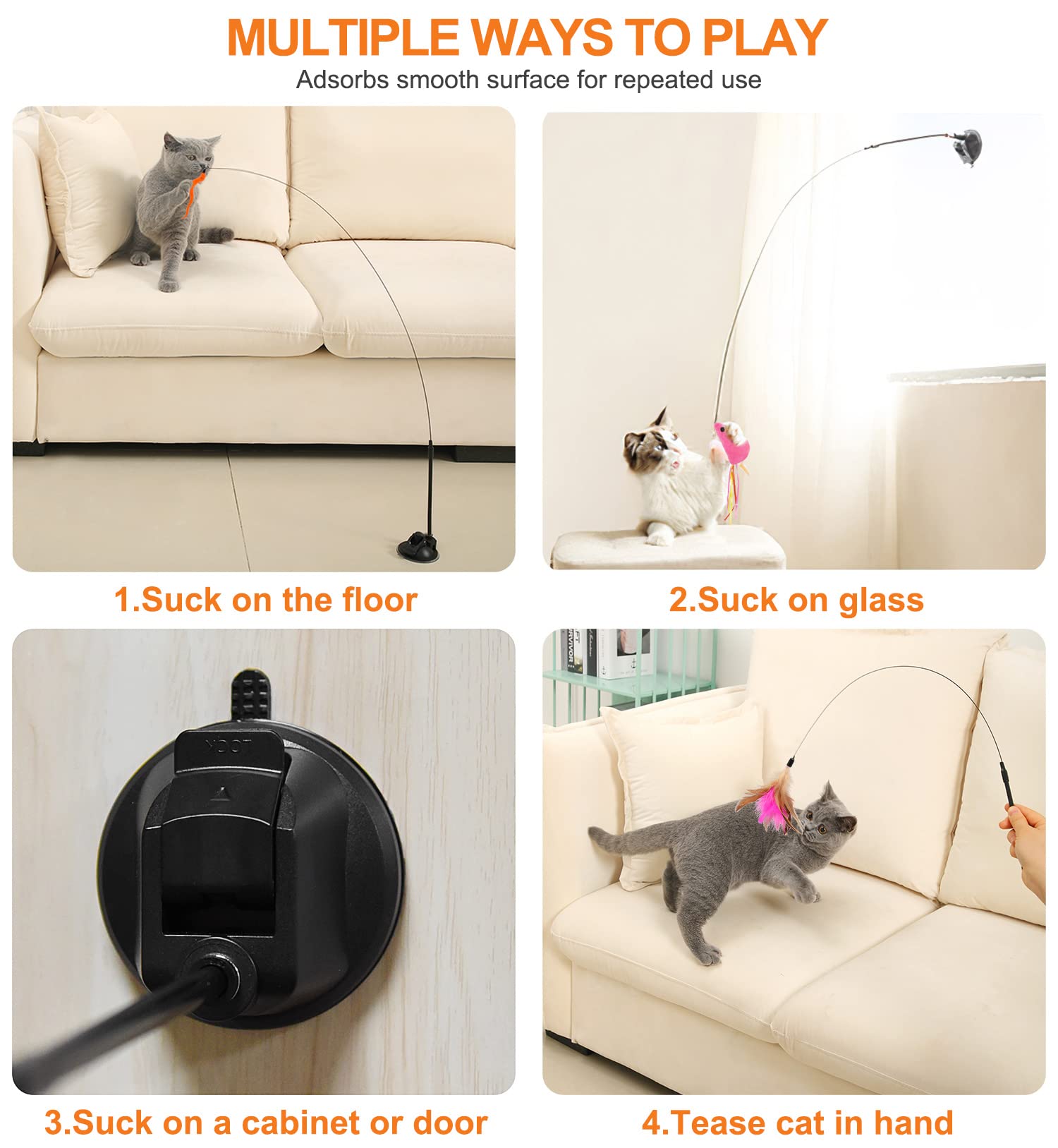 Interactive Cat Toys for Indoor Cats - Sticky Super Suction Cup Cat Teaser Wand - Keep Kittens Entertained & Active - Perfect for Playtime, Exercise & Bonding with Your Feline Friend
