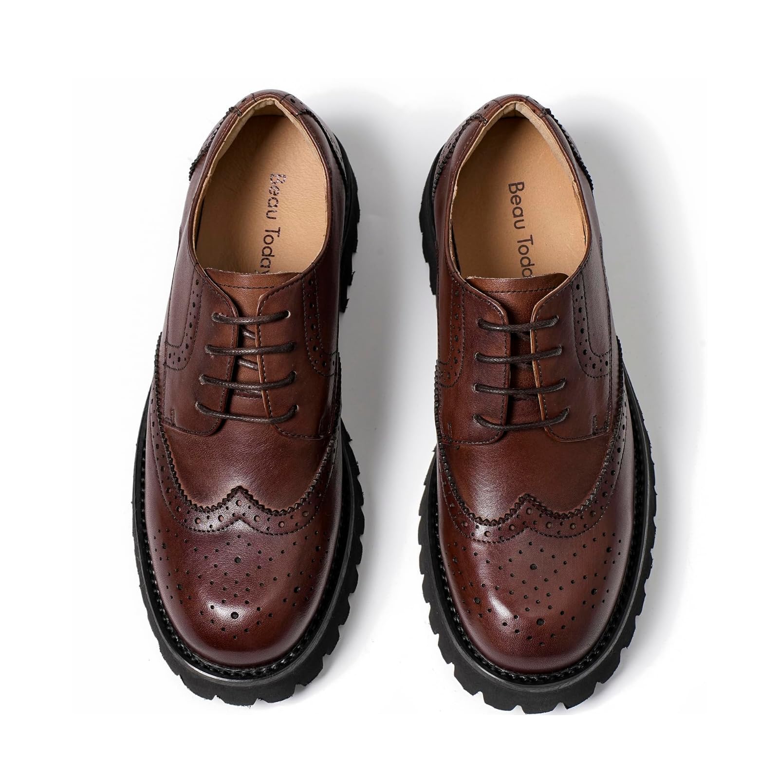 BEAU TODAY Women's Chunky Leather Lace-Up Oxford Shoes - Comfortable Platform Business & Casual Dress Shoes for Office, Work & Everyday Wear