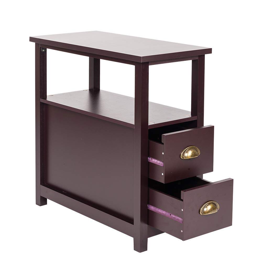 Rustic Espresso Narrow End Table with 2 Drawers & Storage Shelf - Nightstand for Bedroom, Living Room Chairside Table with Bin Drawer - Perfect for Small Spaces, Apartment Decor & Bedside Organization