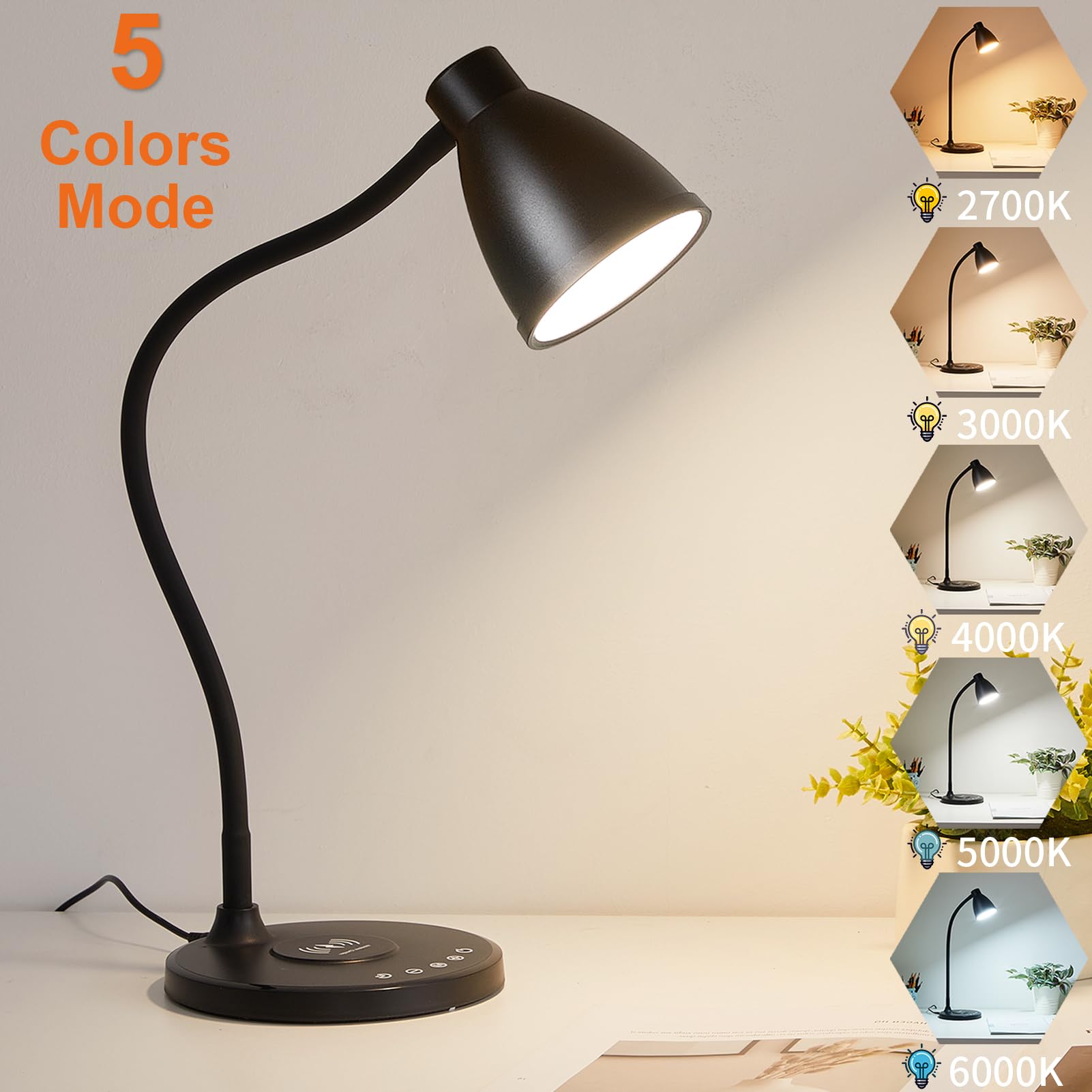 BOHON LED Desk Lamp with USB C+A Charging Ports & Wireless Charger - 5 Color Stepless Dimming, Touch Control, Timer - Perfect for Home Office, College Dorm, Bedside Reading & Nightstand Use