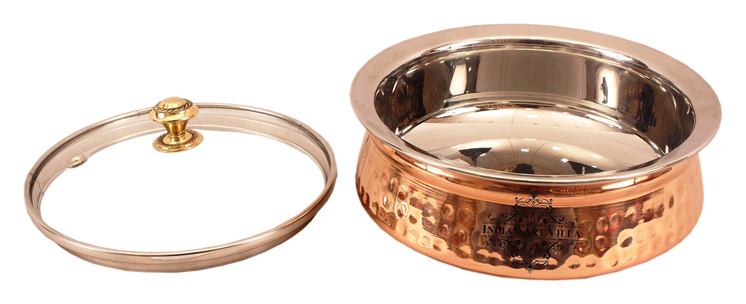 Premium Indian Handi Pot with Glass Lid - 25 Oz Steel & Copper Serving Dish for Chicken Biryani, Vegetables, Curries - Elegant Tableware for Home, Hotel, Restaurant - Set of 2 (Ideal for Festive Meals, Dinner Parties & Traditional Cooking)