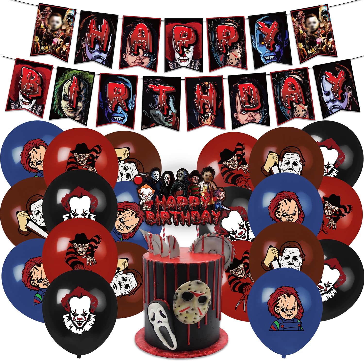 Scary Horror Birthday Party Decorations Set - Halloween Birthday Banner, Cake Topper & Balloons for Horror Movie Themed Celebrations | Perfect for Halloween Parties, Spooky Birthdays & Horror Film Nights