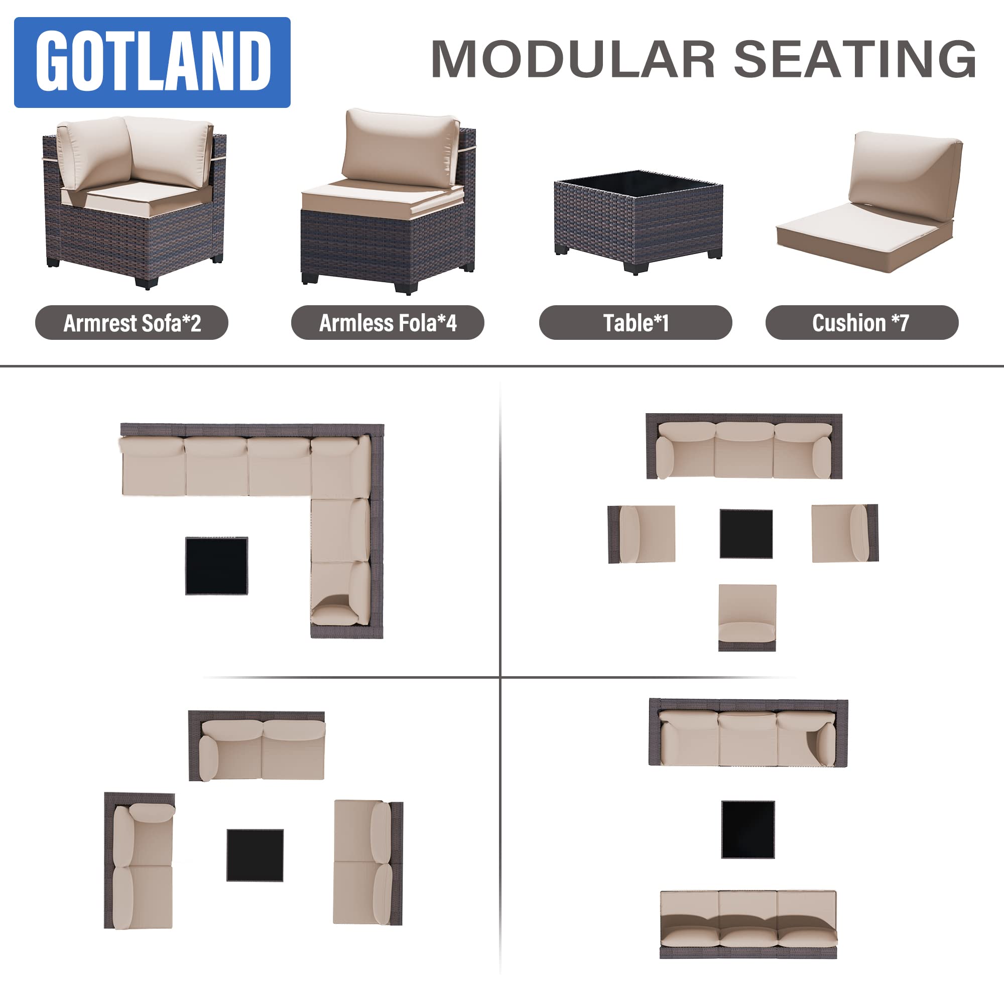 7-Piece Gotland Outdoor Patio Furniture Set - All-Weather PE Wicker Sectional Sofa with Replaceable Khaki Cushions & Coffee Table - Perfect for Backyard, Garden, Poolside or Deck Relaxation