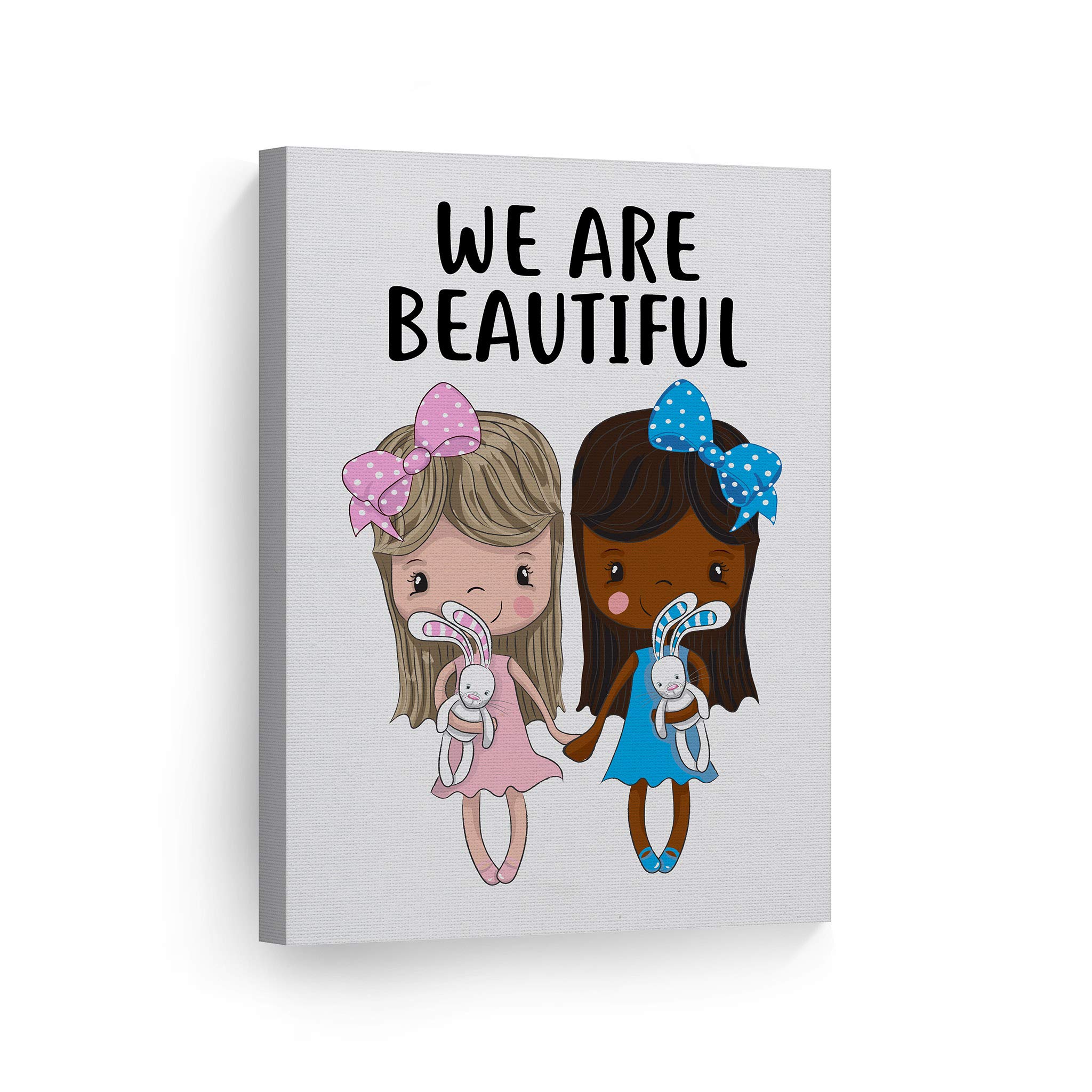 Smile Art Design Cute Blonde and African American Girl Friendship Canvas Wall Art Print - 36x24 Inches Ready to Hang, Nursery Decor, Kids Room Decor, Baby Room Wall Art - Perfect for Children's Bedrooms, Playrooms, and Gift Giving