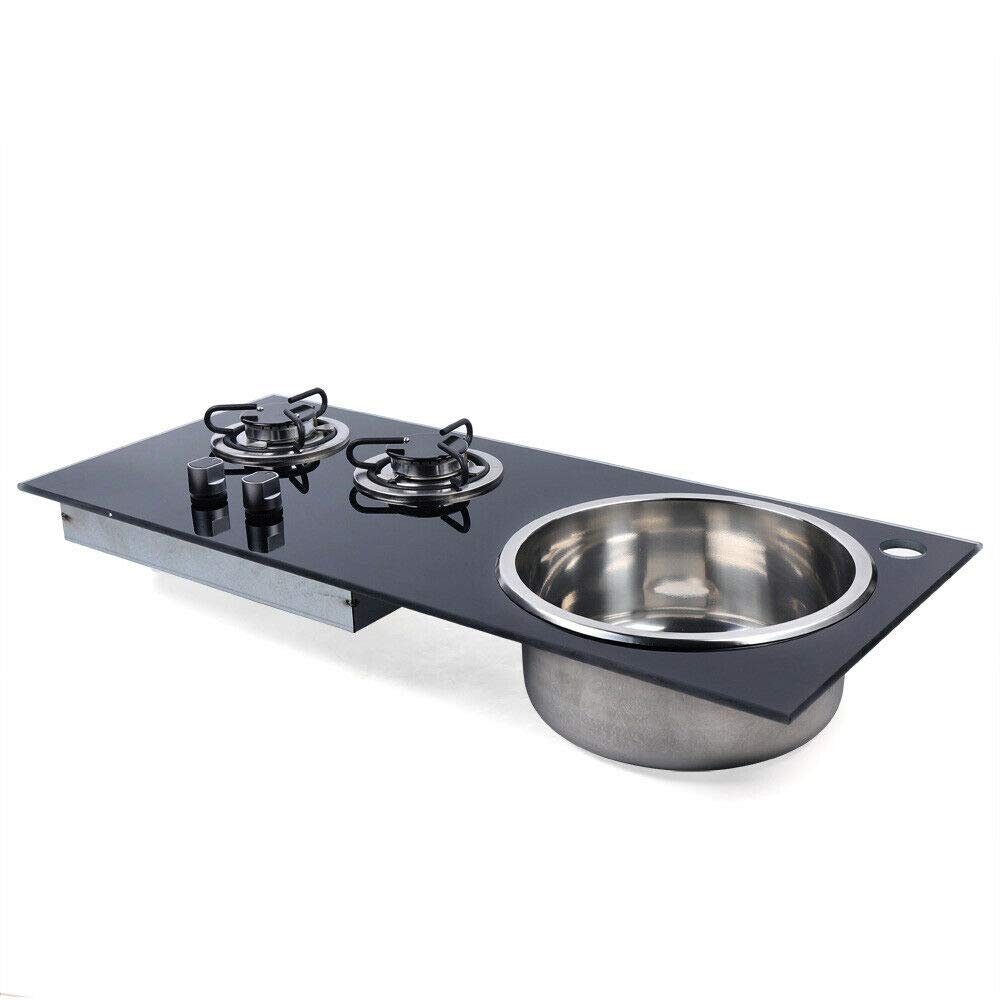 2 Burner Gas Cooktop with Sink - Tempered Glass LPG Stove for RV, Boat, Camper & Caravan | Easy Clean Design | Perfect for Outdoor Cooking, Small Apartments & Mobile Living