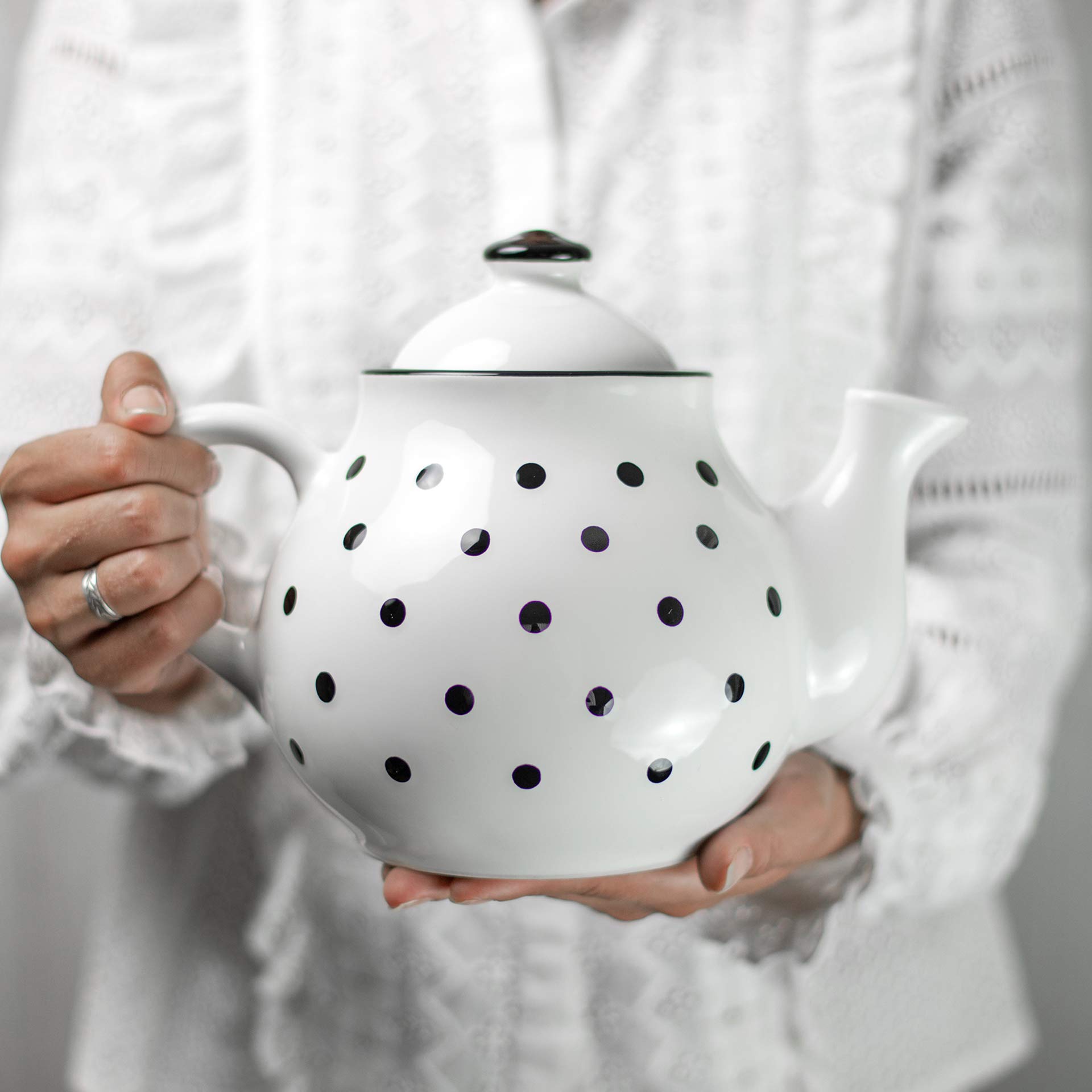 Handcrafted Premium 60 oz Ceramic Teapot for Blooming & Loose Leaf Tea - White & Black Blue Polka Dot Design - Large Capacity (6-8 Cups) - Perfect for Tea Lovers, Afternoon Tea Parties & Cozy Cottage Gatherings