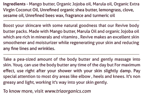 REVIVE Organic Skin Rejuvenation Body Butter with Mango Butter, Marula Butter & Jojoba Oil - Hydrating & Nourishing Moisturizer for Dry Skin - Perfect for Daily Use, After Shower & Nighttime Skincare Routine