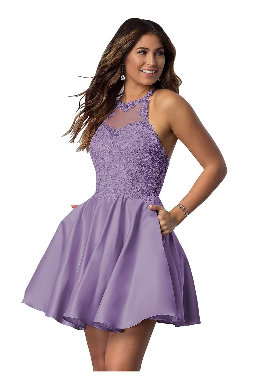 Elegant Lace Applique Short Homecoming Dress with Pockets - Halter Prom Dress for Teens 2024 - Satin Cocktail Party Dress for Formal Events & Dances