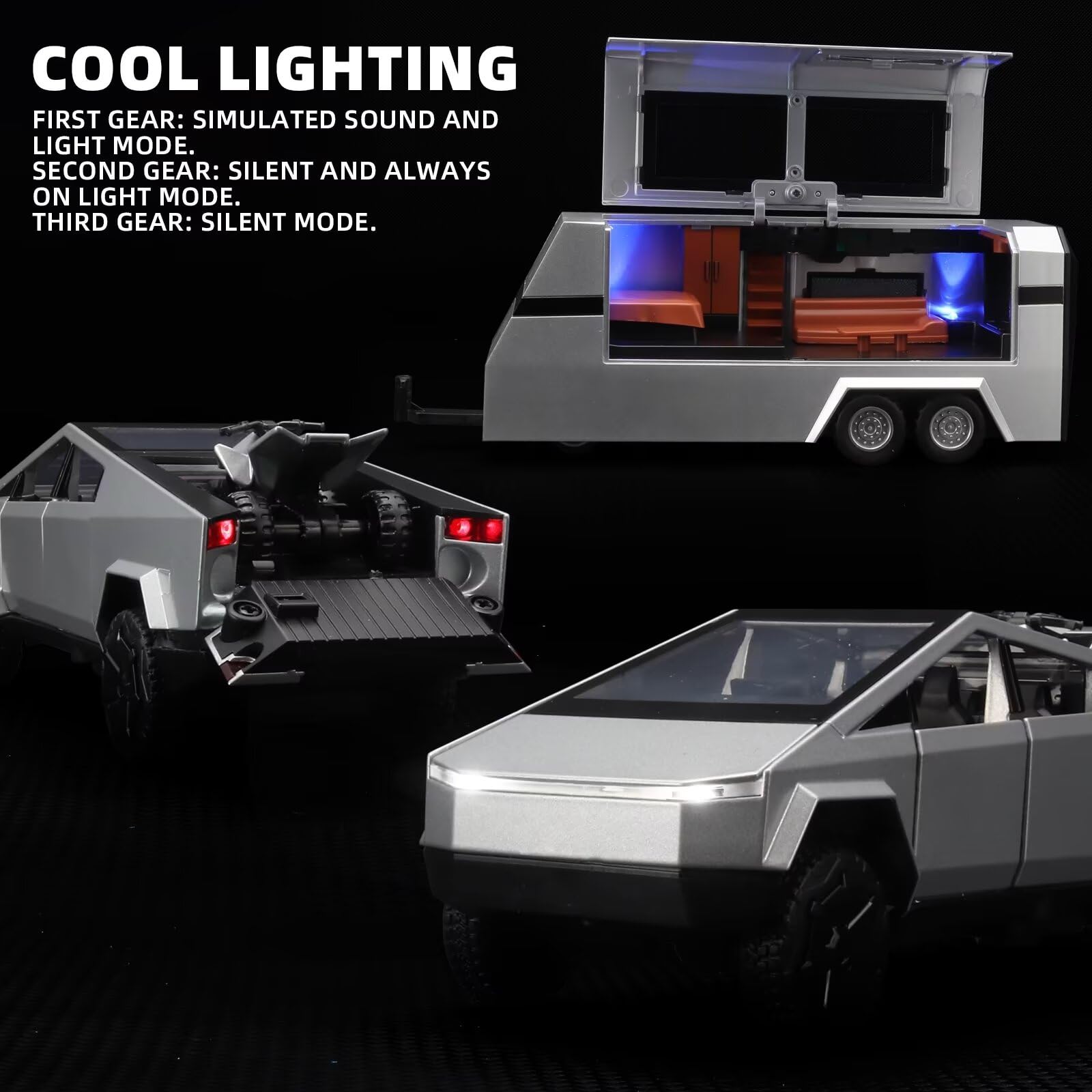 Diecast Metal Mars Pickup Trailer Toy RV with Sound & Light - Pull Back Truck & Trailer Model Kit for Boys Ages 4-7 - Perfect for Imaginative Play, Car Shows & Birthday Gifts (Silver)