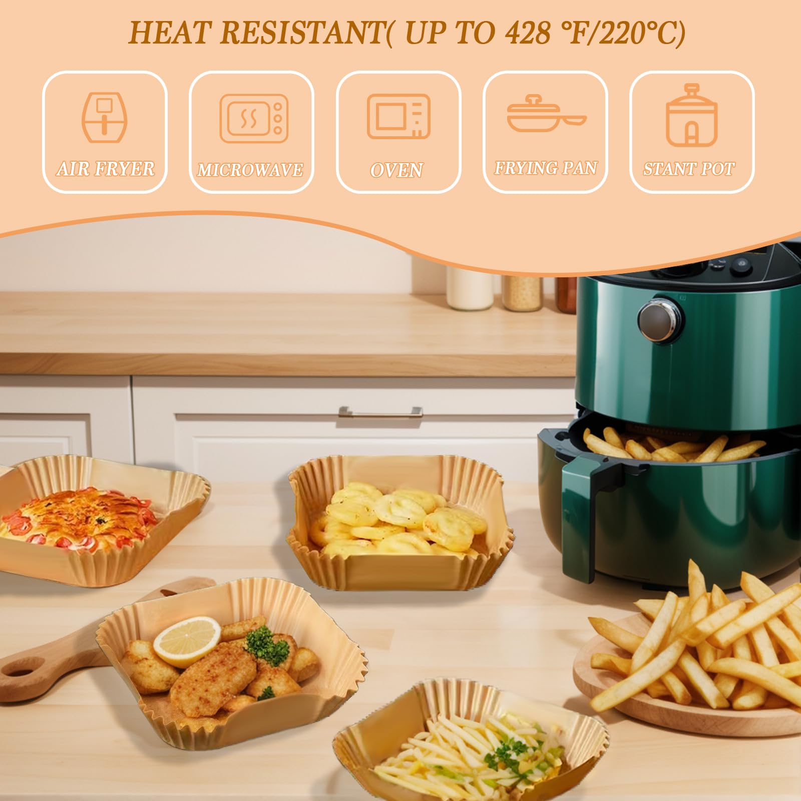 100pcs Disposable Square Air Fryer Liners - Nonstick Parchment Paper for 2-5 Qt Air Fryers, Baking, Roasting & Microwave Safe (6.5 Inch) | Perfect for Quick Meals, Healthy Cooking & Easy Cleanup