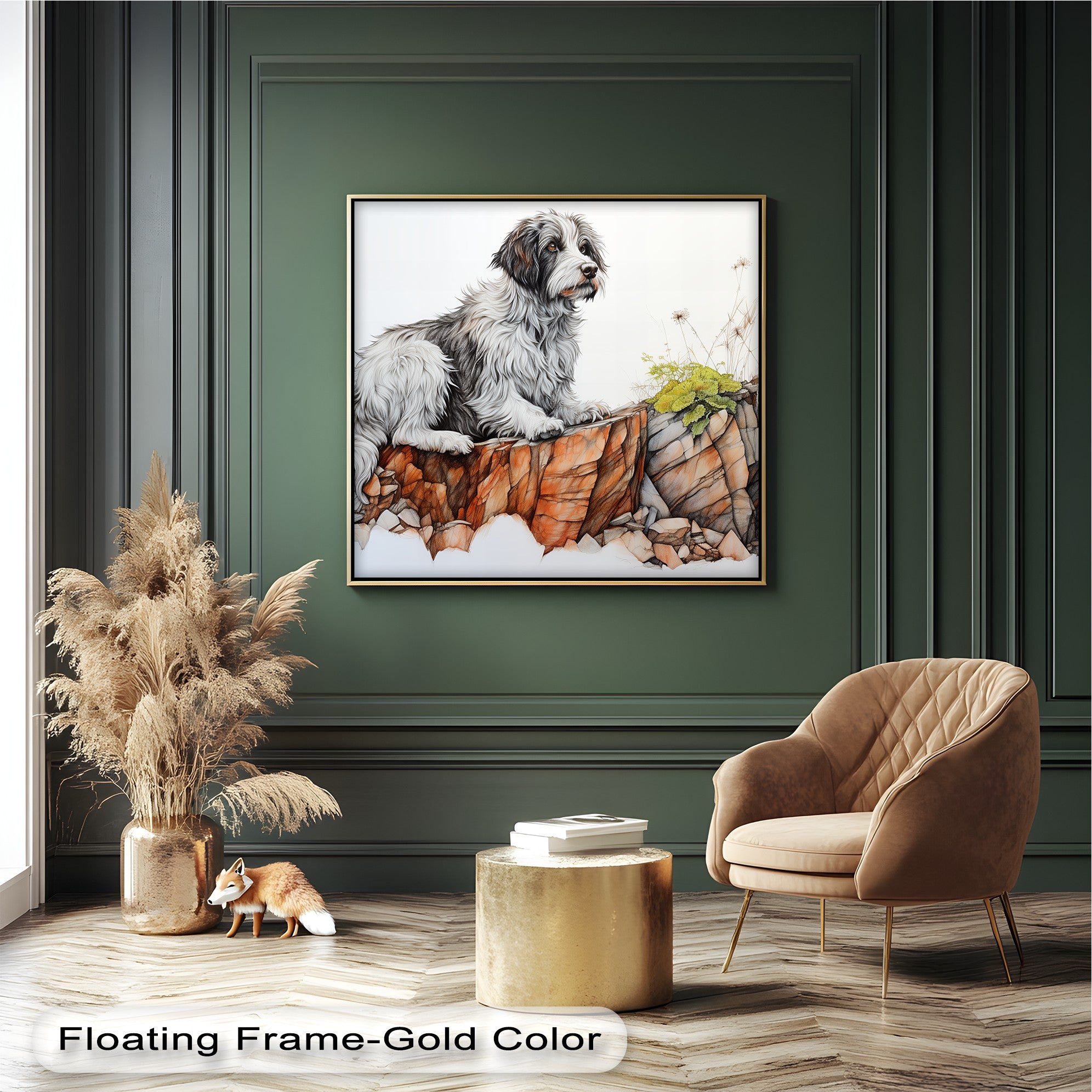 Cliffside Watch - Shaggy Dog on Rocky Ledge Pencil Art Canvas Print | Wall Decor for Living Room, Bedroom & Office | Unique Dog Lover Gift Idea