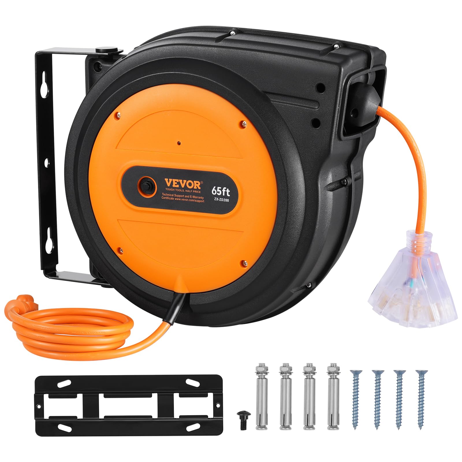 VEVOR 65FT Heavy Duty Retractable Extension Cord Reel with Lighted Triple Tap Outlet - 12AWG/3C SJTOW Power Cord, 15A Circuit Breaker, 180° Swivel Bracket - Perfect for Garage, Workshop, Construction Sites & Outdoor Power Tools