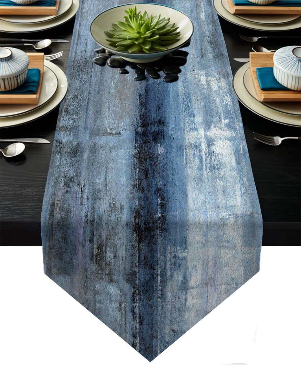 Blue and Grey Abstract Modern Art Burlap Table Runner - 13