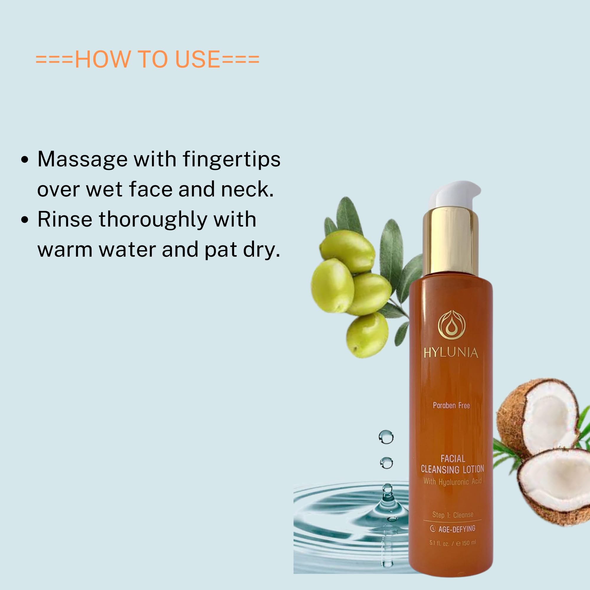 Hylunia Gentle Cleansing Lotion 5.1 oz with Hyaluronic Acid & Olive Oil Squalene - Hydrating pH Balanced Facial Cleanser for Sensitive & Mature Skin - Makeup Remover & Daily Skincare Routine - Perfect for Morning & Night Use