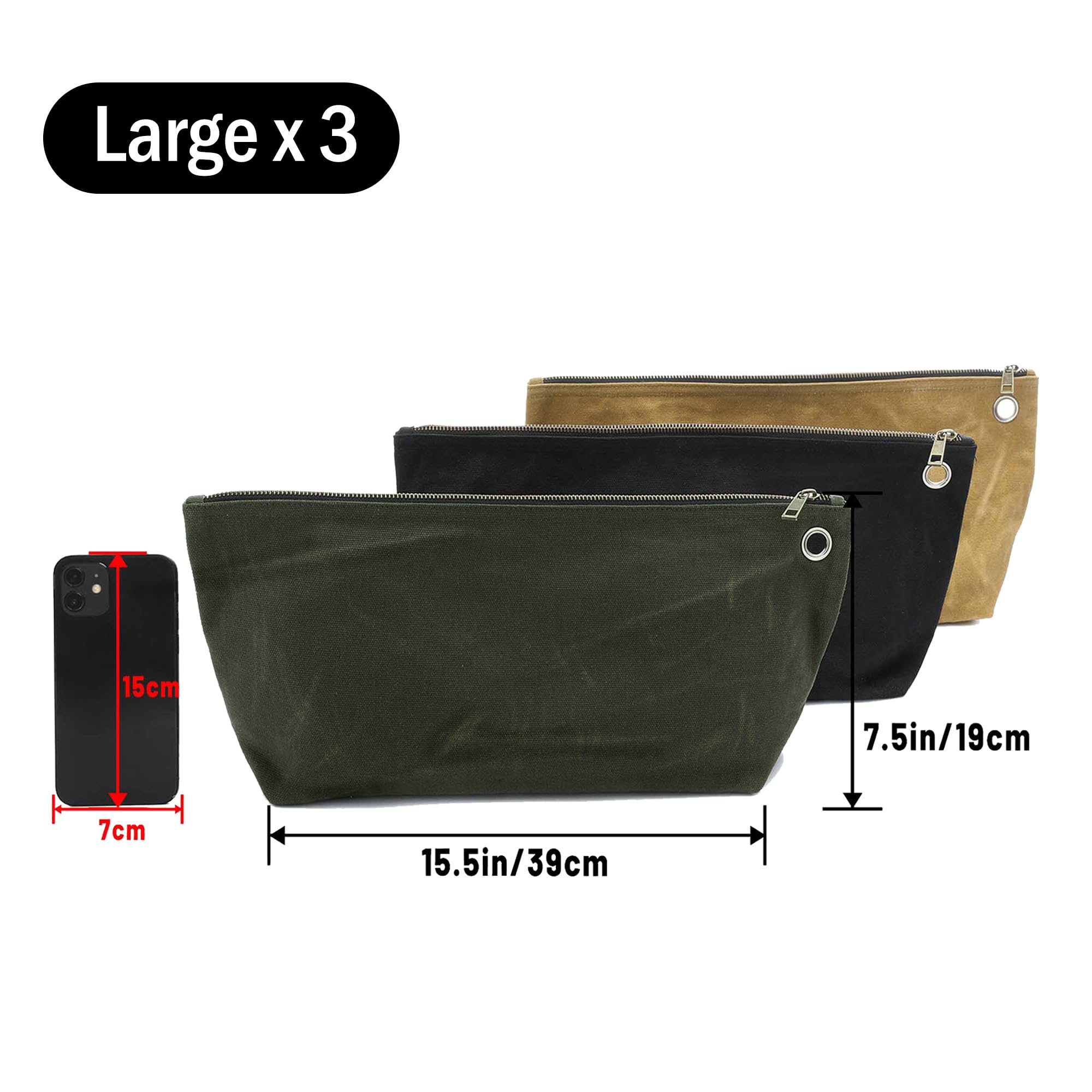 Durable 16OZ Waxed Canvas Tool Pouch Set - Standable One-Piece Tool Organizer with Brass Zipper & Grommet - Large 15.5