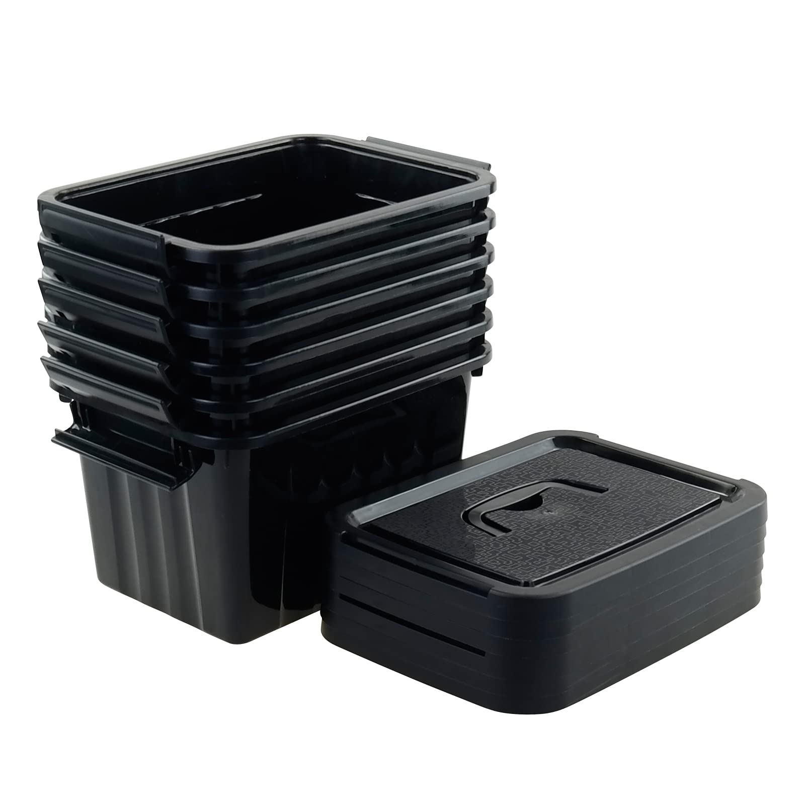 Black Plastic Storage Bins with Lids and Latches - 6 Pack Small Stackable Organizing Containers for Home, Office, Garage & Closet Organization