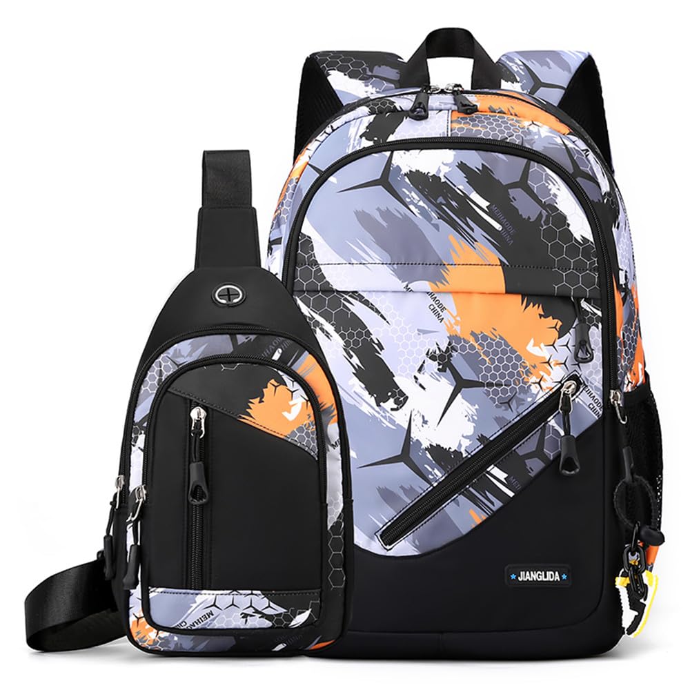Boys School Backpack Set with Sling Bag - 2-Piece Camo Orange Backpack for Elementary, Middle & High School Students - Includes Crossbody Bag - Perfect for School, Travel & Outdoor Activities