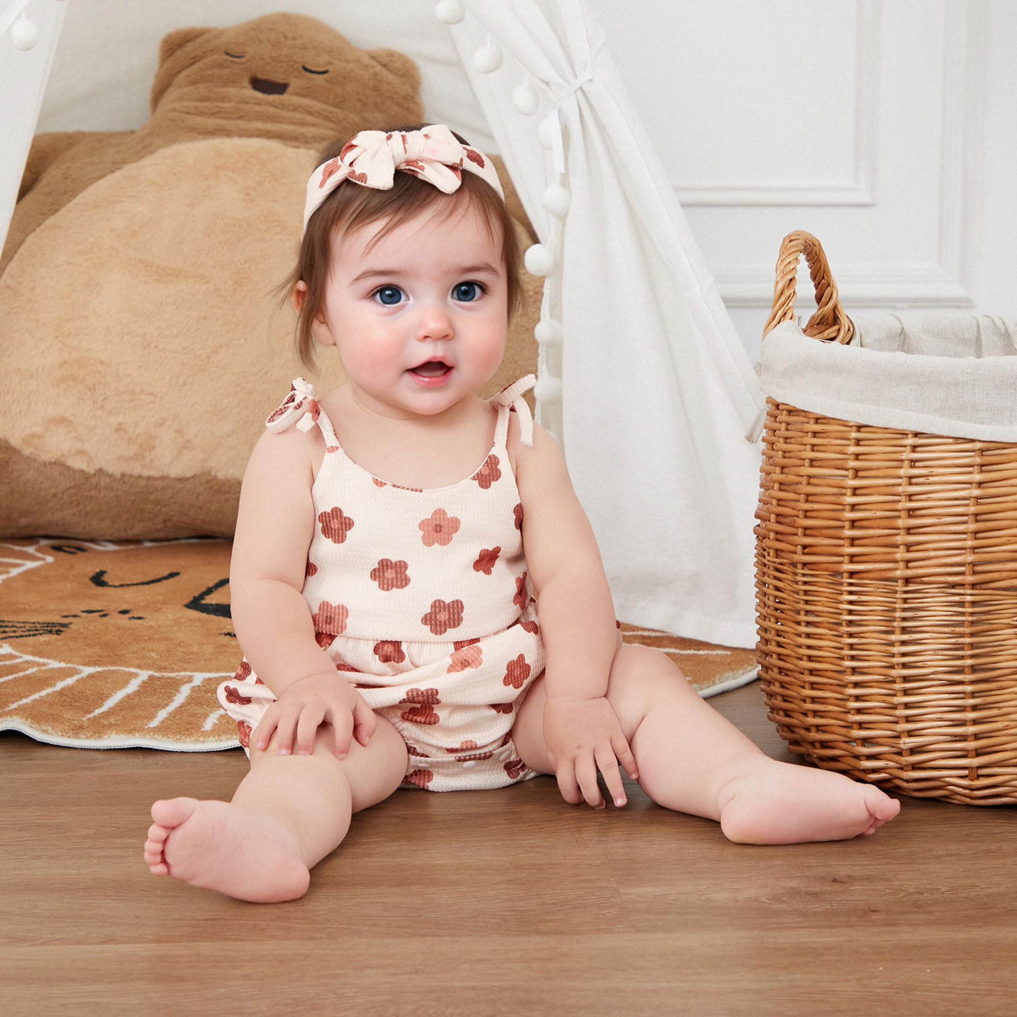 Floral Bubble Romper for Baby Girls - Sleeveless Jumpsuit with Headband | Newborn Summer Outfit for Playtime & Photo Shoots