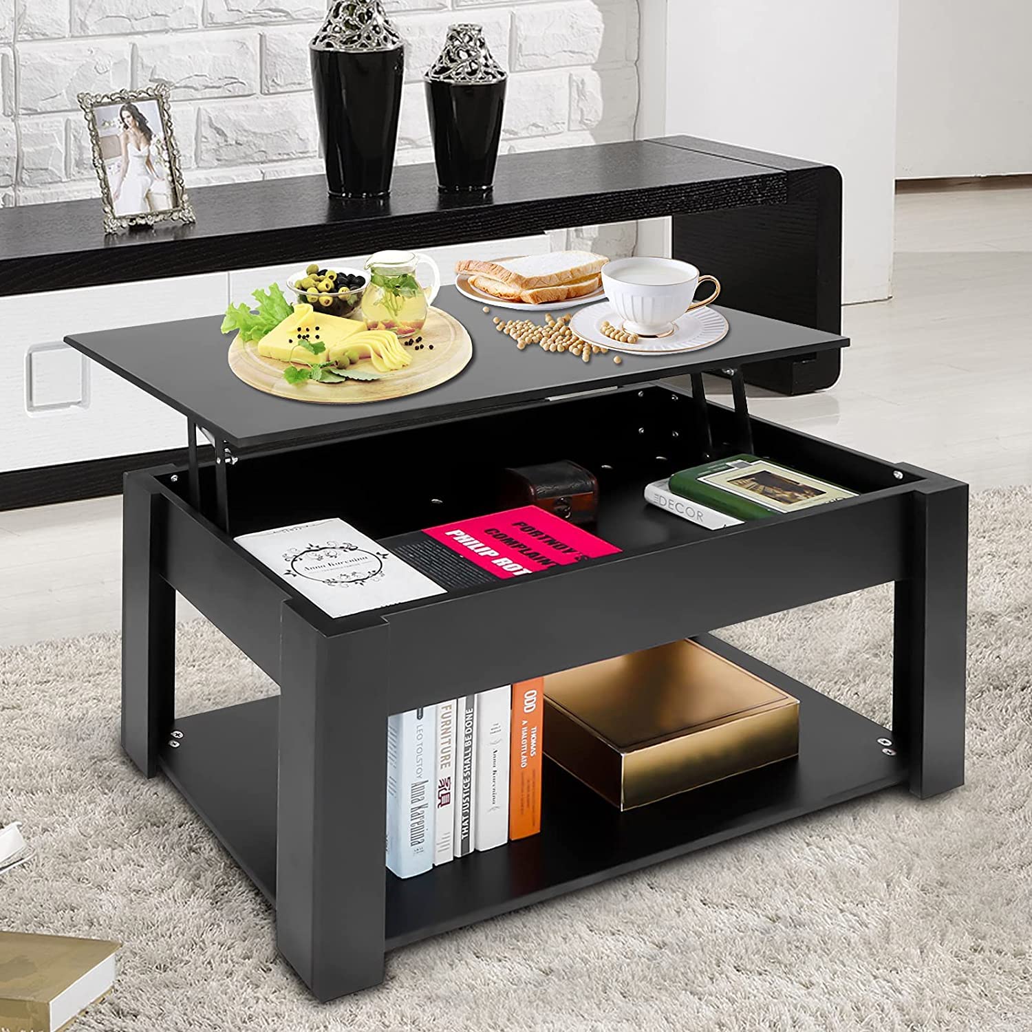 Adjustable Lift Top Coffee Table with Storage - Modern Black Extendable Living Room & Office Table (38.2x18.1x23.2 Inches) - Perfect for Small Spaces, TV Lounging & Home Office Workstations