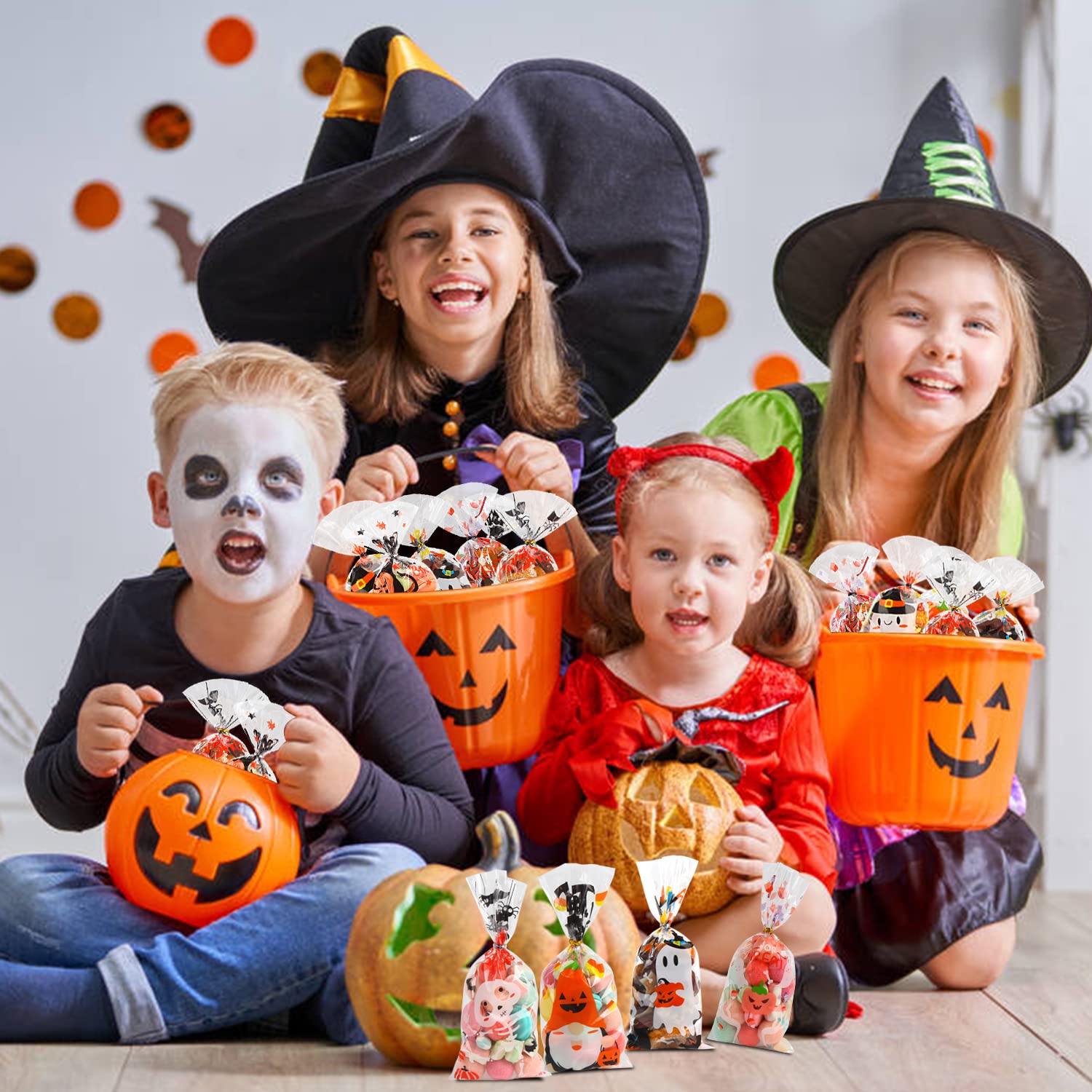 LOKIPA 120PCS Halloween Cellophane Treat Bags - 6 Styles Candy Bags with 150 Twist Ties for Trick or Treat, Halloween Party Favors, Classroom Treats & Goodie Bags