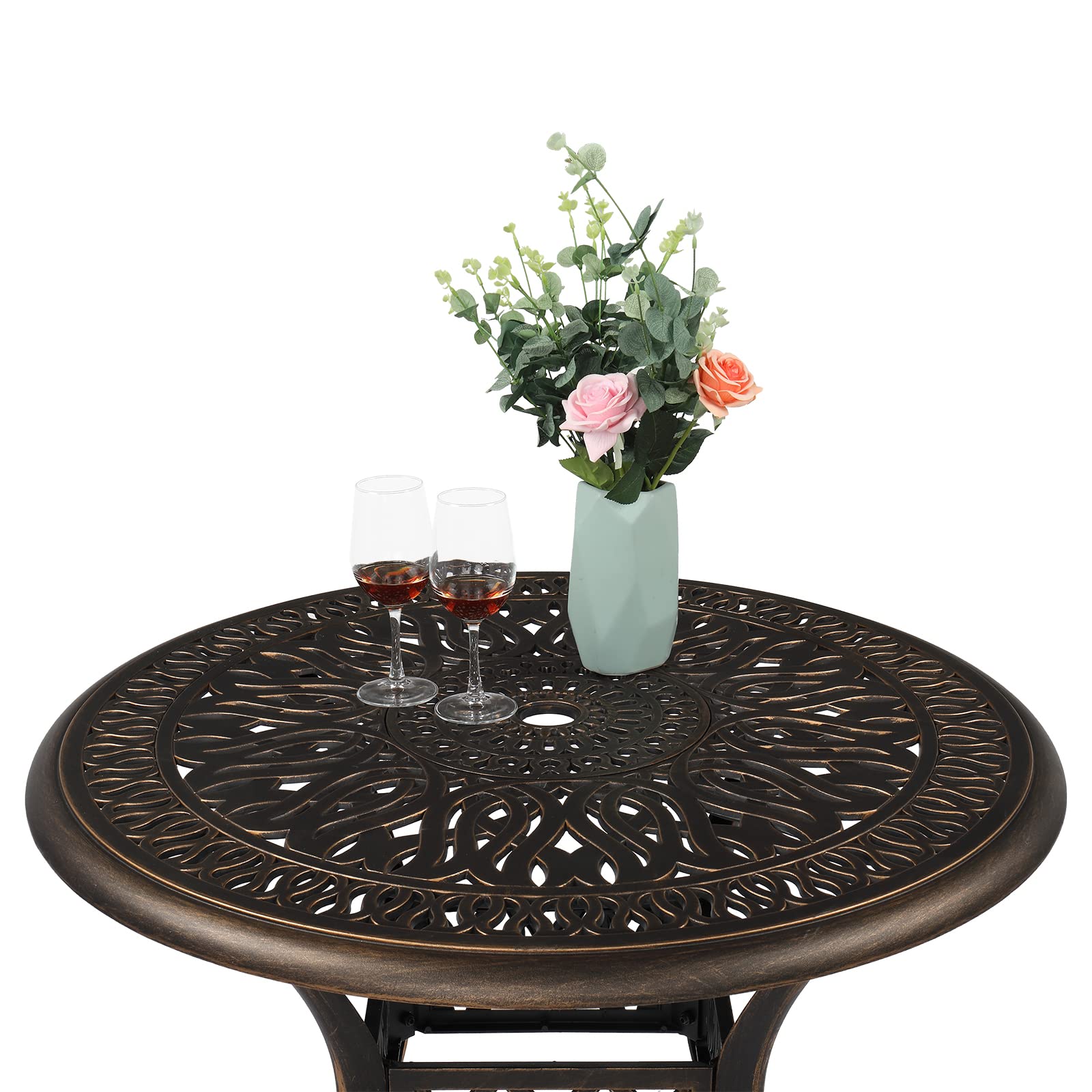 VINGLI 35.4 Inch Round Patio Dining Table with Umbrella Hole - Durable Cast Aluminum Outdoor Bistro Table for Garden, Backyard, Poolside - Weather-Resistant Outdoor Furniture (35.4