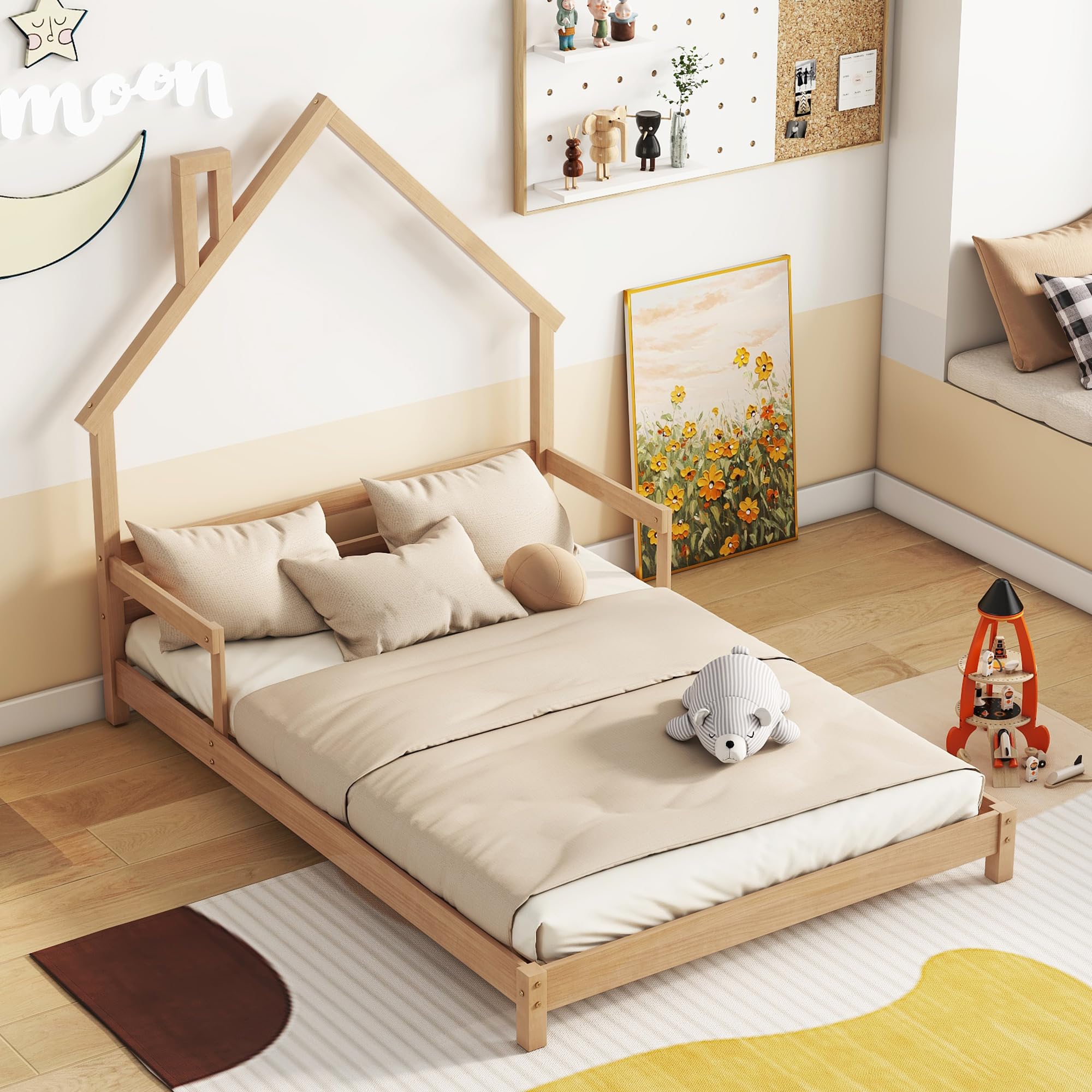 Full Size House-Shaped Kids Bed Frame with Handrails - Low Platform Bed for Boys & Girls, No Box Spring Needed (Natural) - Perfect for Bedrooms, Playrooms & Sleepovers