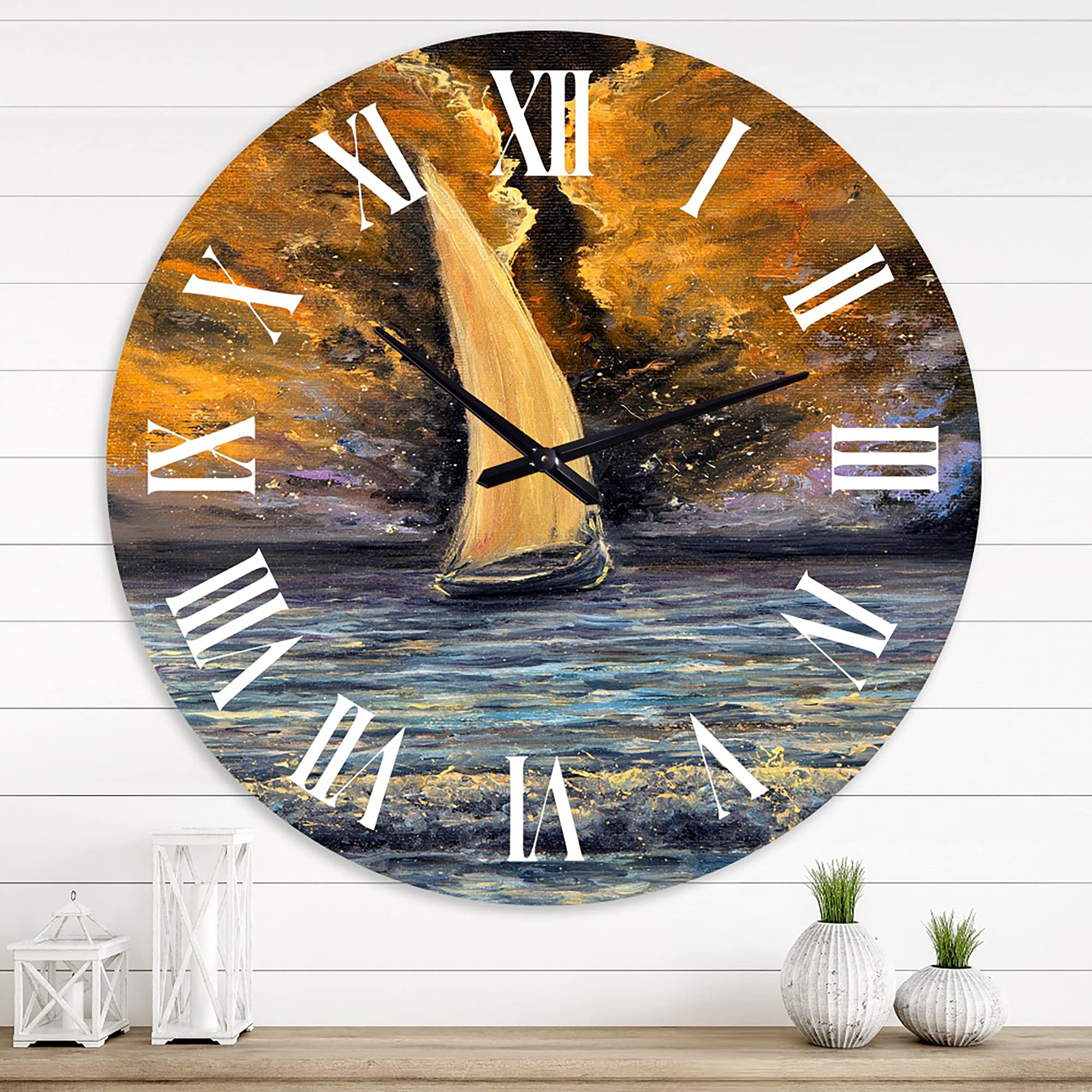 DesignQ Nautical Coastal Wall Clock - 'Sailboat at Dawn' Orange Round Clock for Kitchen, Living Room & Office Decor | Perfect for Beach House, Coastal Theme & Home Interior Design