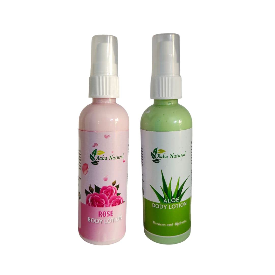 Aaka Natural Aloe Vera & Rose Body Lotion - Paraben & Sulfate Free, 2 x 100ml Combo - Hydrating & Soothing for Dry Skin - Perfect for Daily Moisturizing & After Sun Care