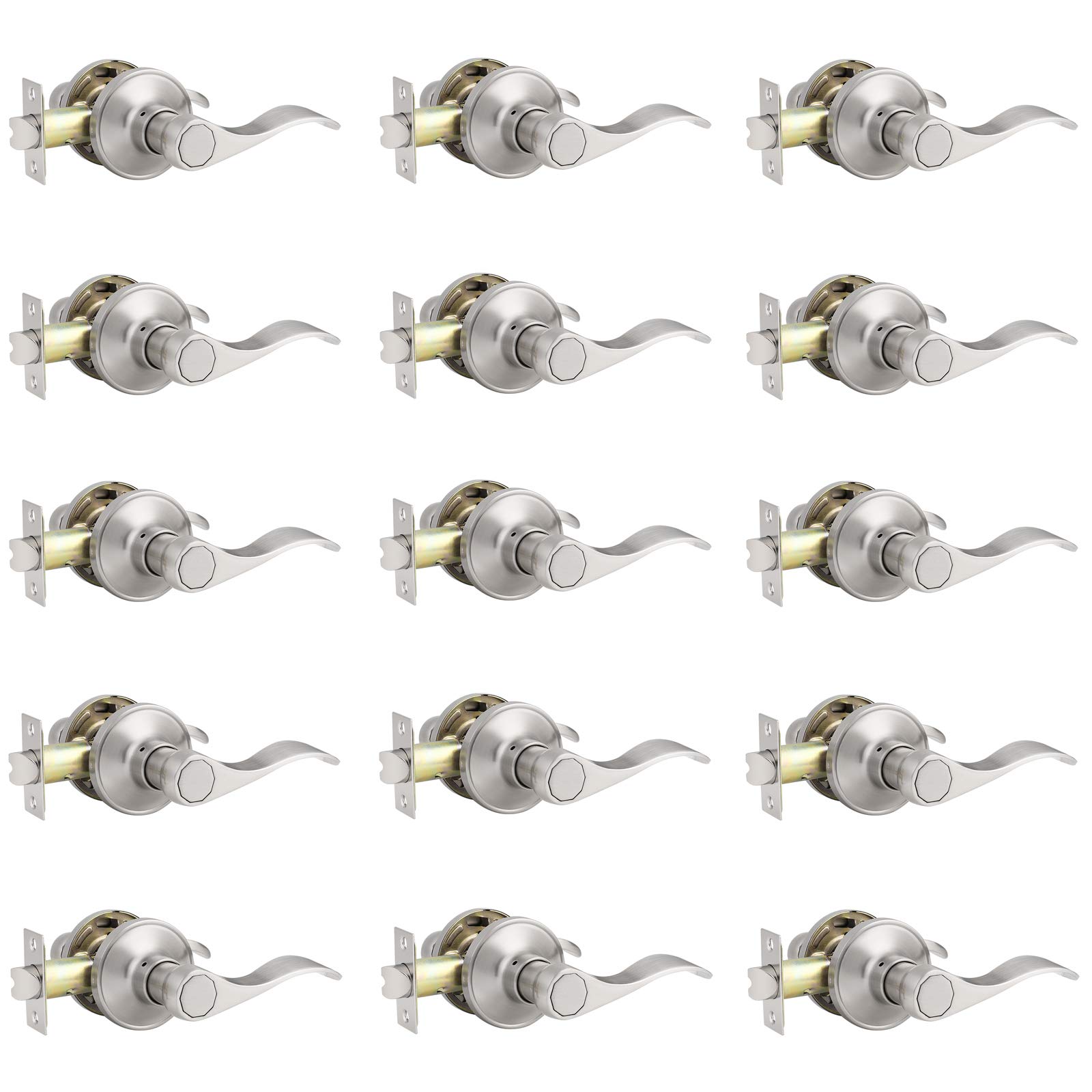 15 Pack Satin Nickel Door Handles - Wave Style Passage Door Levers for Hall Closet - Stainless Steel Interior Door Hardware - Perfect for Bedrooms, Bathrooms & Closet Doors