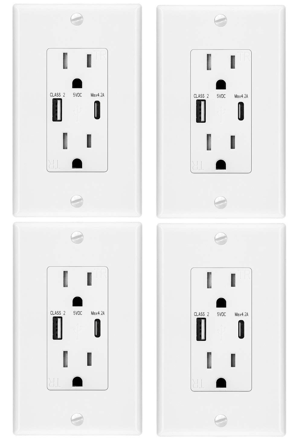 AUWEOYEN 4.2A USB C Outlet - Dual Type A & Type C Smart Fast Charger - 15A/125V TR Receptacle - Tamper Resistant Electrical Outlet with Wall Plate - ETL Listed (White) - Perfect for Home, Office & Hotel Charging Stations