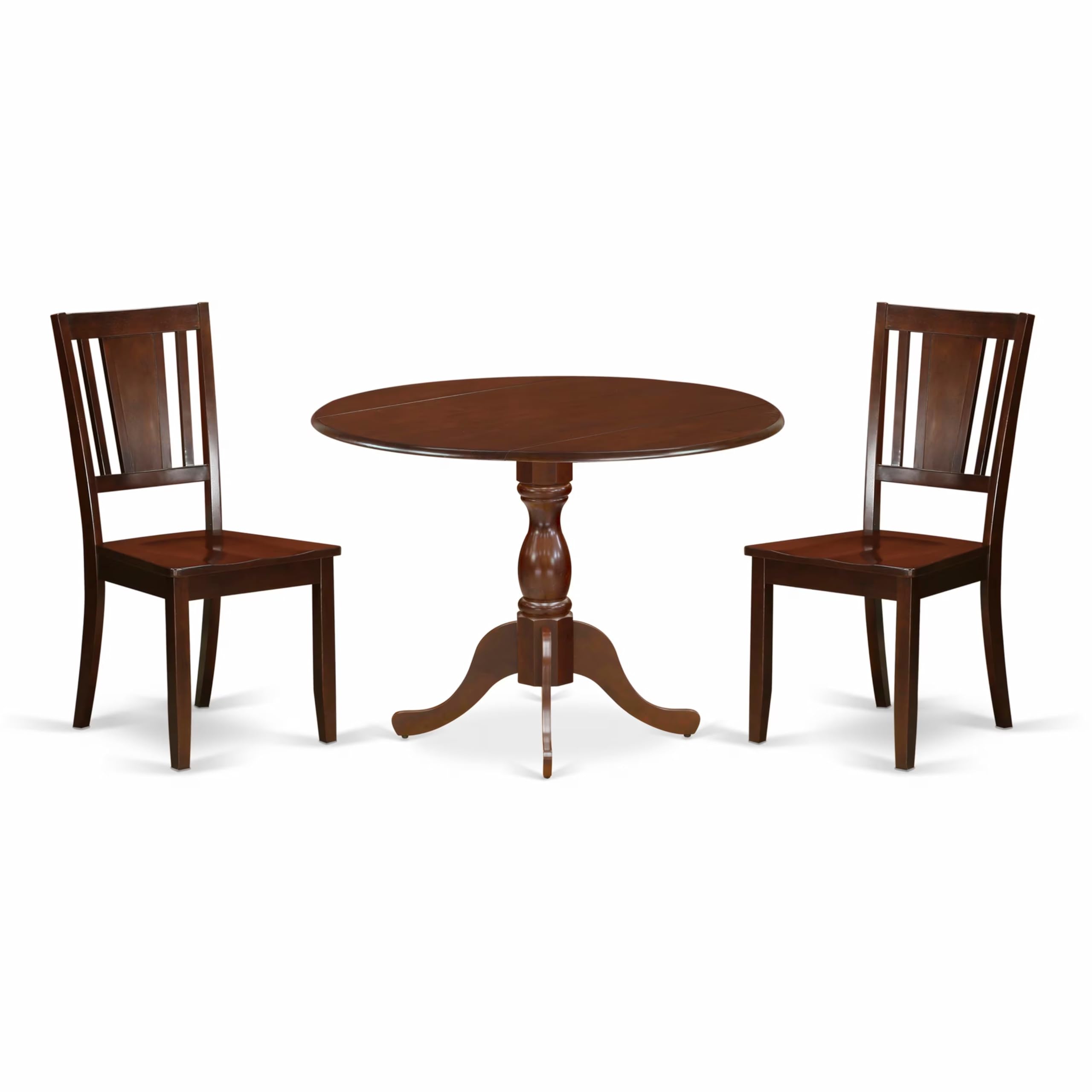 East West Furniture DMDU3-MAH-W 3 Piece Round Dining Table Set with Drop Leaf & 2 Wooden Chairs, 42x42 Inch, Mahogany Finish - Perfect for Small Spaces, Breakfast Nooks & Cozy Dining Areas