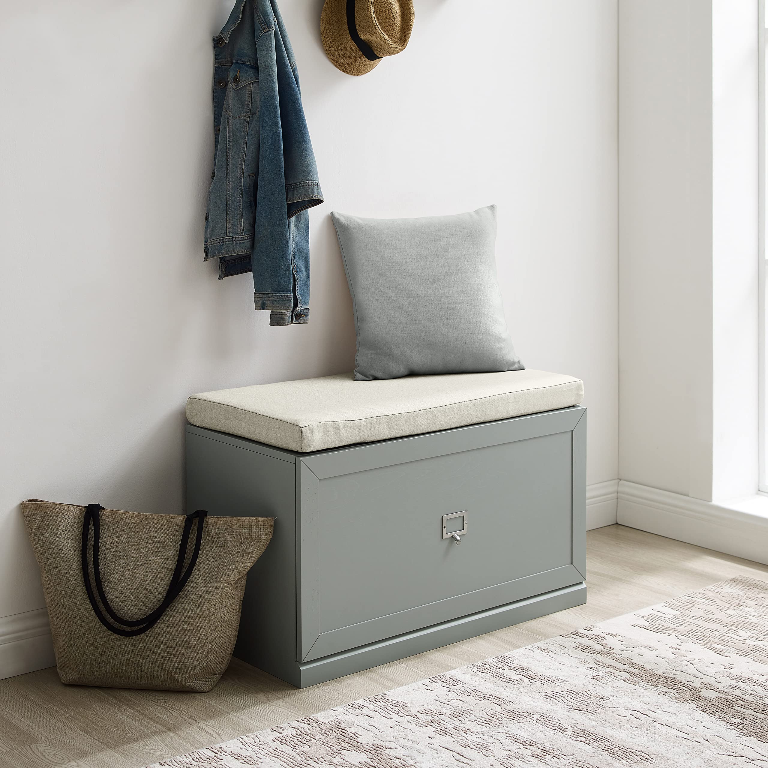 Crosley Harper Entryway Storage Bench with Shoe Rack & Organizer Drawer - Gray Wooden Hallway Bench for Entryway, Mudroom & Bedroom Organization