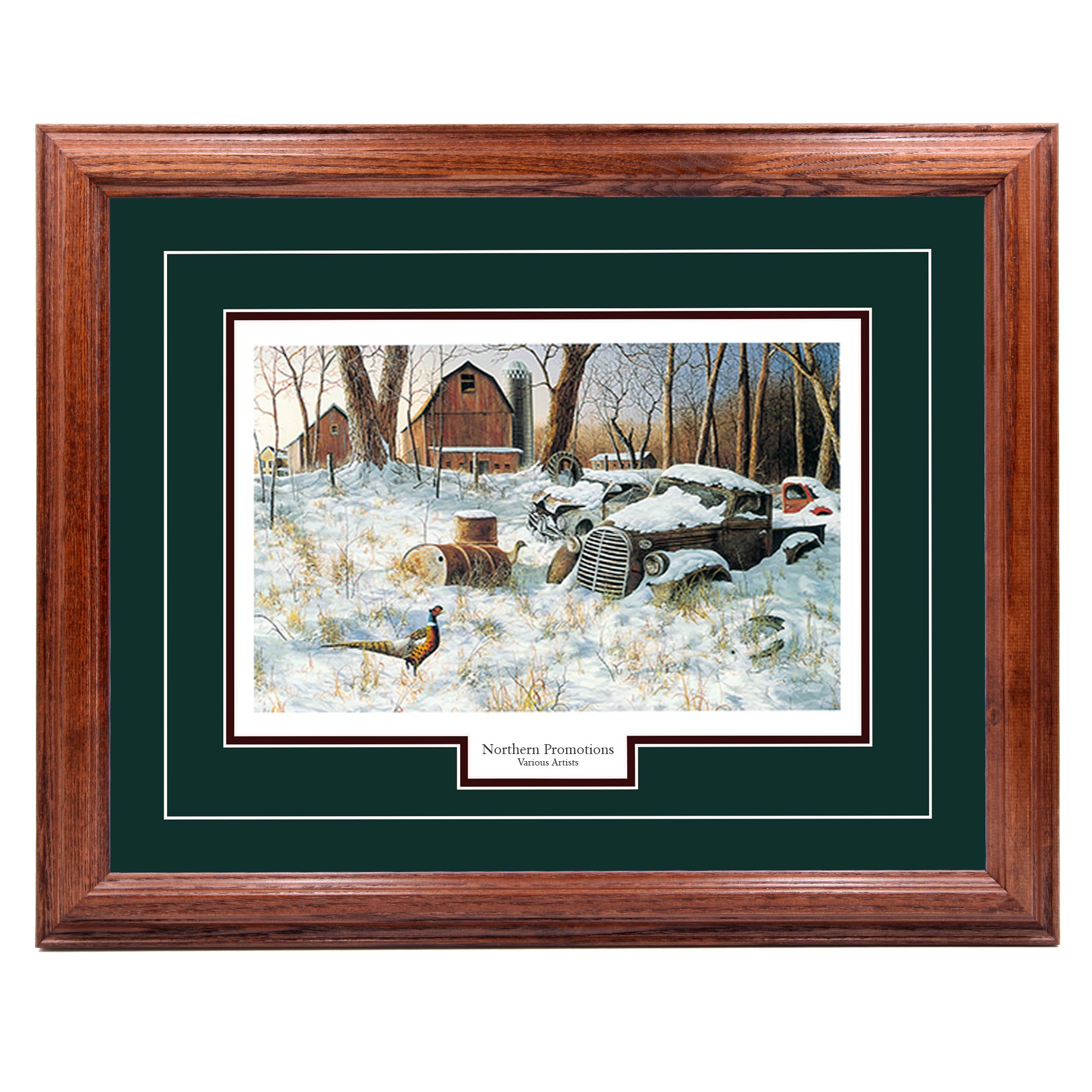 NorthernPromotionsLLC Pheasant Winter Wall Art - Hardwood Picture Frame with Farmlife Print Painting - Dark Oak Frame & Green Mat - Ready to Hang - Winter Haven by Jim Hansel 26x36 - Perfect for Hunting Lodge, Cabin, or Rustic Home Decor