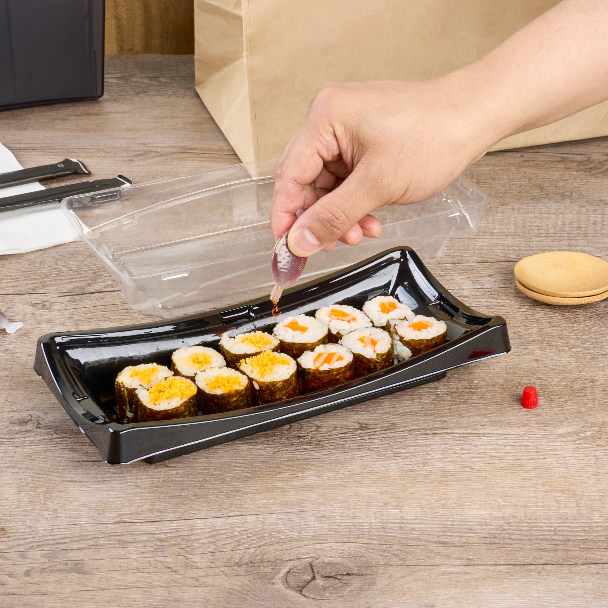 Bento Tek 3mL Clear Plastic Soy Sauce Bottles with Red Caps - 2.25