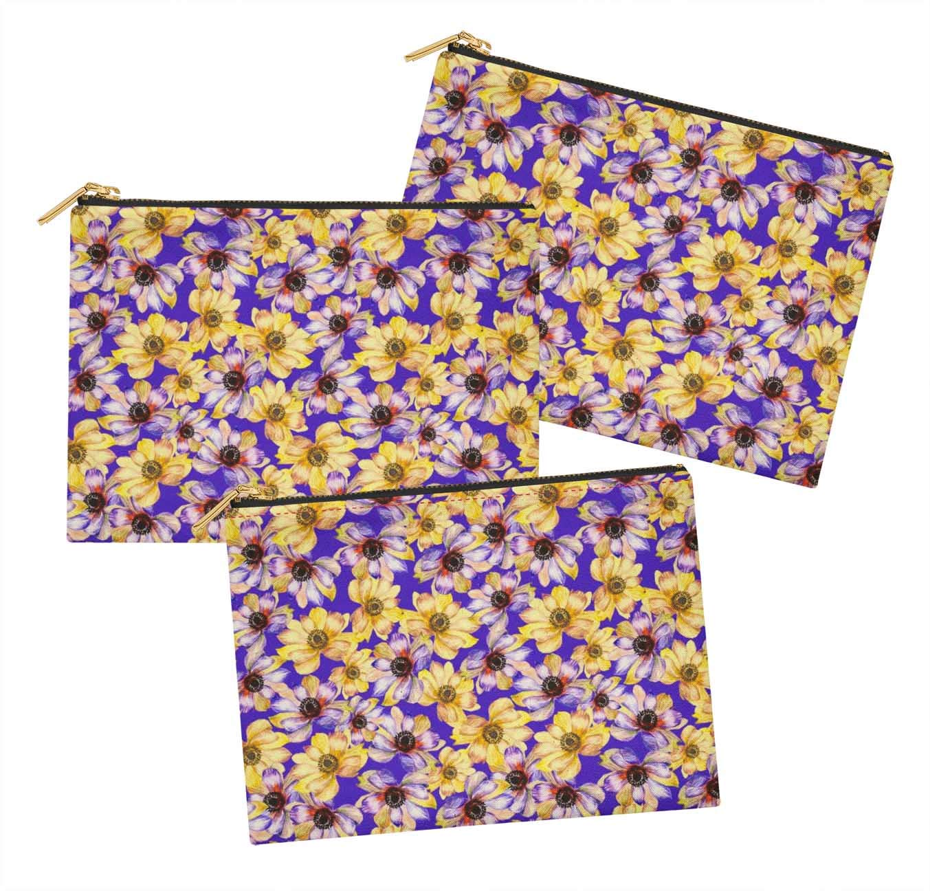 Blue Daisies Watercolor Cosmetic Bag Set of 3 - 6 x 8 Inch Printed Makeup Pouch & Toiletry Organizer for Travel, Gym, and Daily Essentials Storage