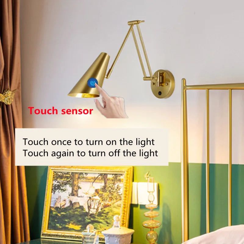 Long Arm Swing Wall Lamp with Internal Touch Sensor - Modern Dimmable LED Light for Bedroom, Living Room, and Hallway