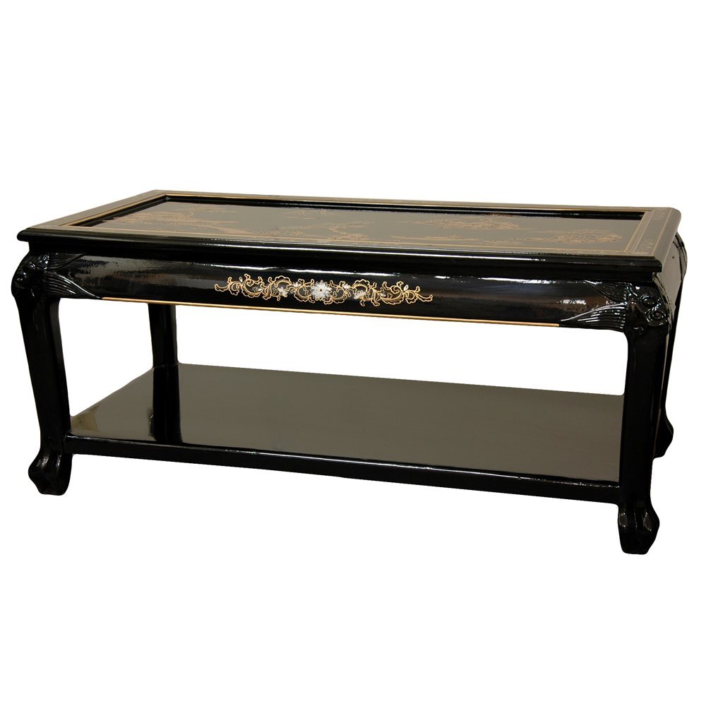 Hand-Painted Red Lacquer Coffee Table - Black Village Landscape for Living Room Decor