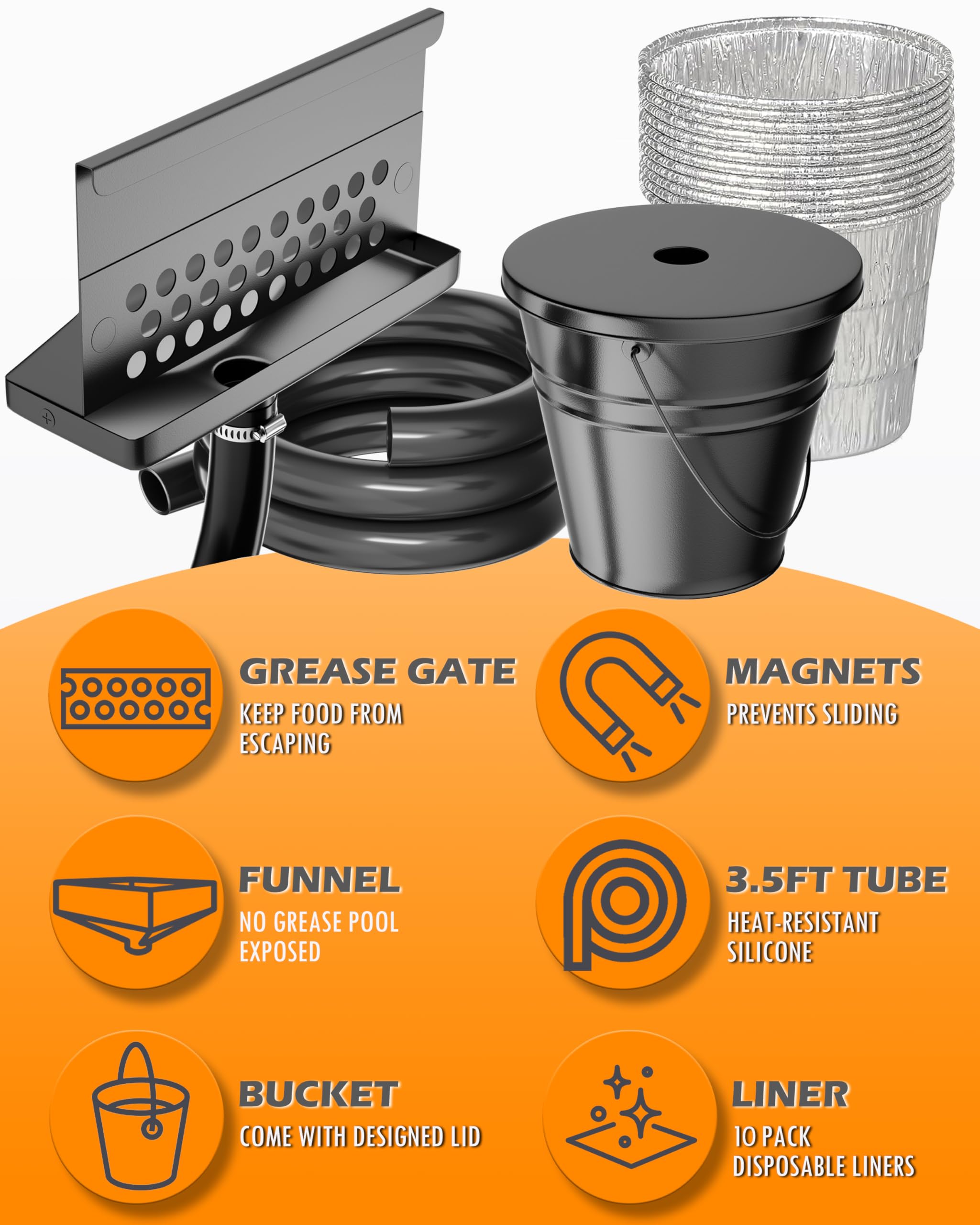 Blackstone Griddle Grease Trap & Drainage System - 0.6 Gal Drip Bucket with Lid & 10 Disposable Aluminum Liners - Rear Grease Catcher for Blackstone Griddles - Perfect for Outdoor Cooking, Camping & Backyard BBQs