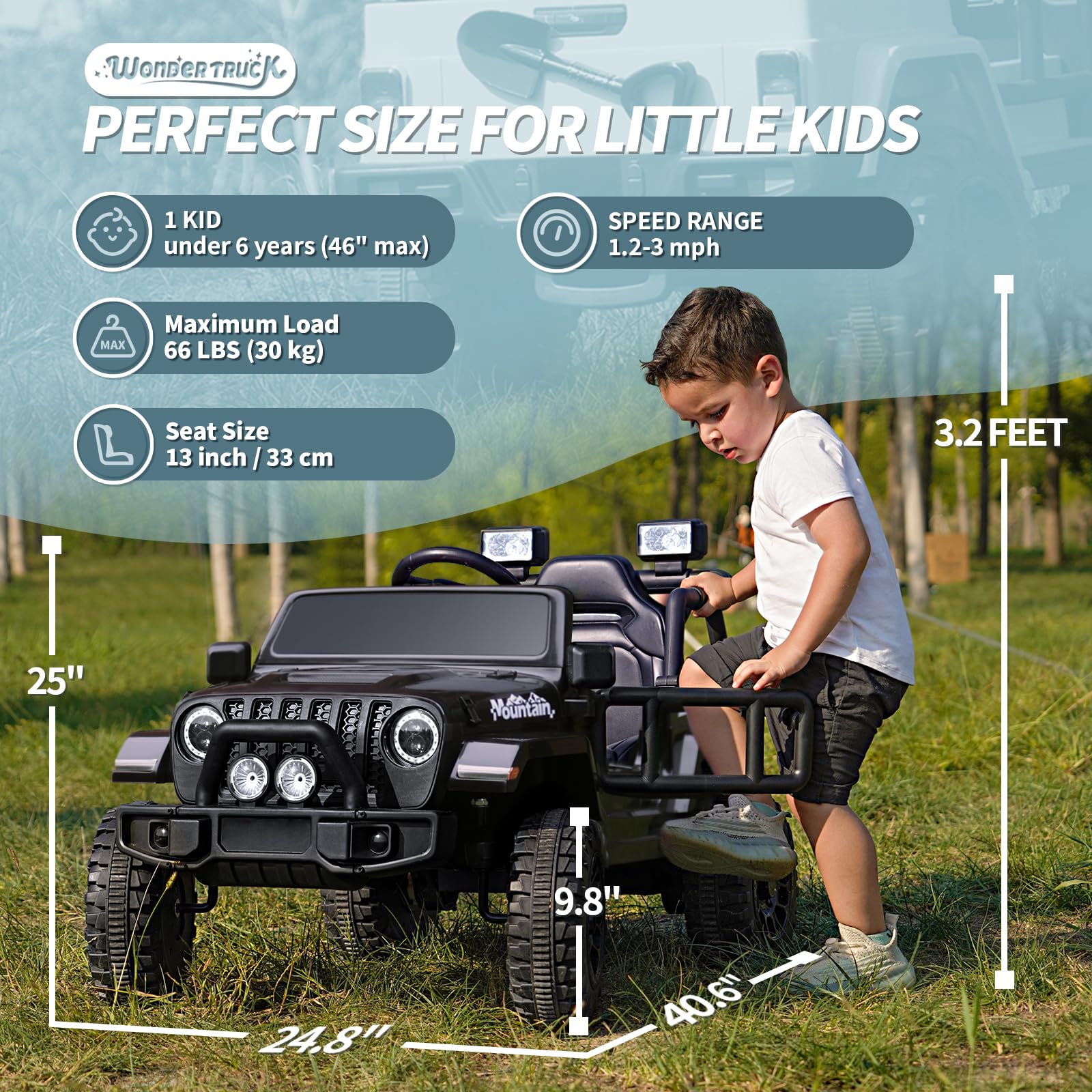 Joywhale 12V Kids Electric Ride-On Truck with Remote Control - 4-Wheel Suspension, LED Lights, Music & FM Radio, Seat Belt - Battery Powered Motorized Car for Boys & Girls (Black) | Perfect for Indoor & Outdoor Play, Birthday Gifts, and Backyard Adventures