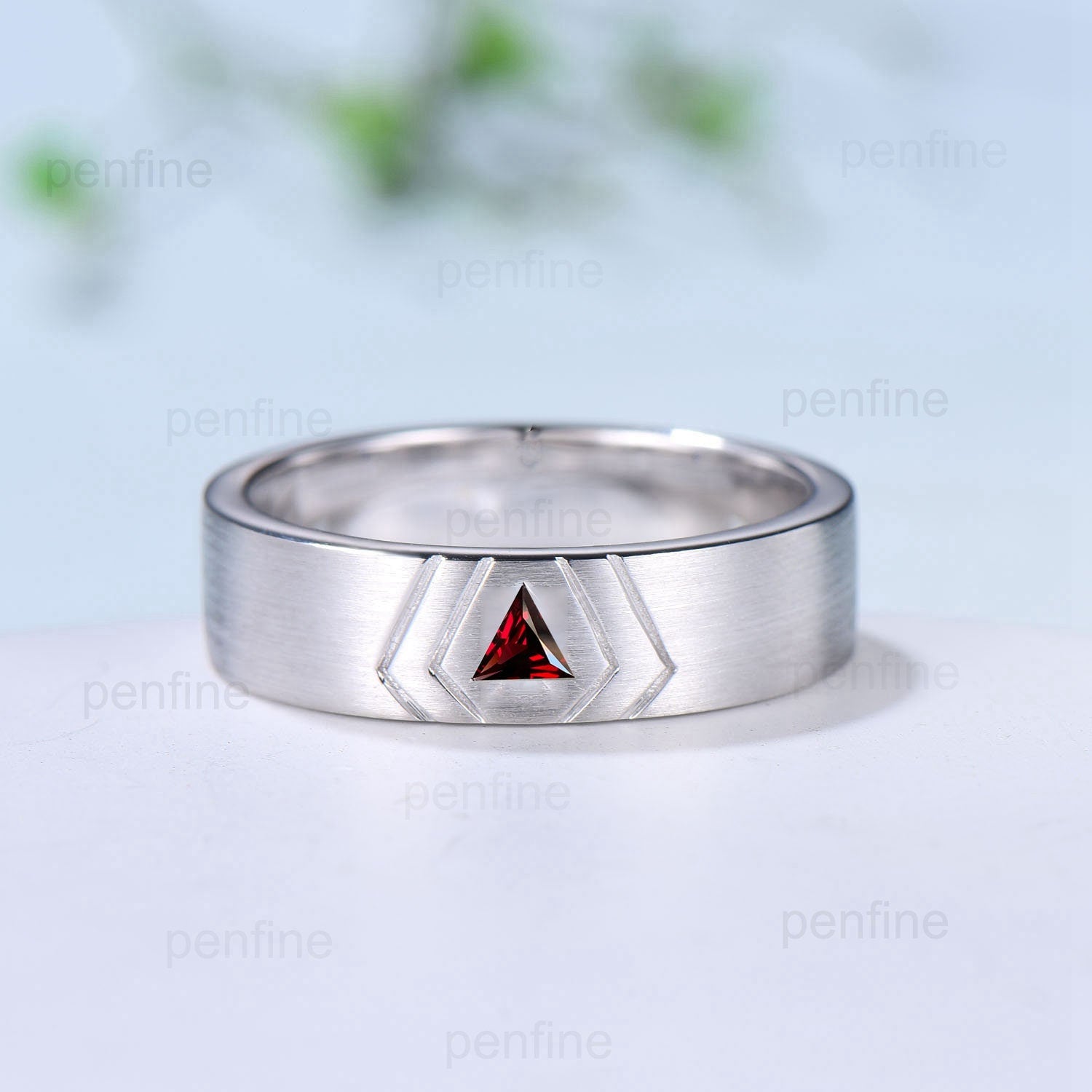6mm Men's Trillion Garnet Wedding Ring - 14K Solid White Gold Brushed Finish Solitaire Band - Unique Matching Gift for Him - Perfect for Anniversaries, Engagements & Special Occasions