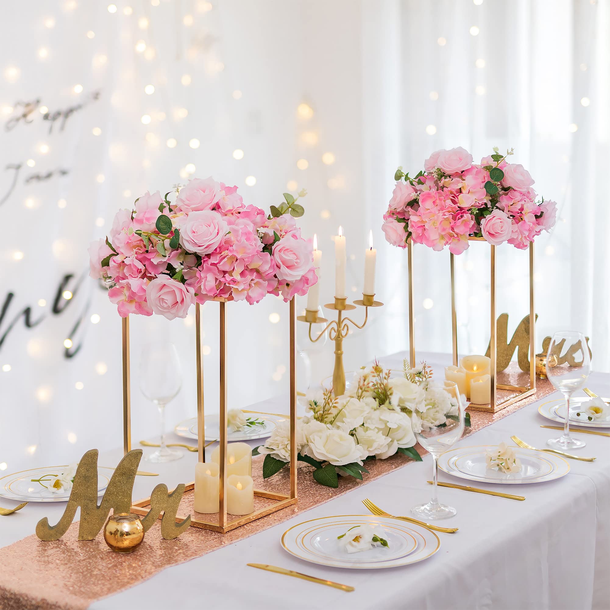 Minimalist Gold Cuboid Flower Stand - 15.75 Inch Wedding Centerpiece for Dining Table Decor | Engagement Party Decorations | Perfect for Wedding Receptions, Anniversary Celebrations & Home Tabletop Displays