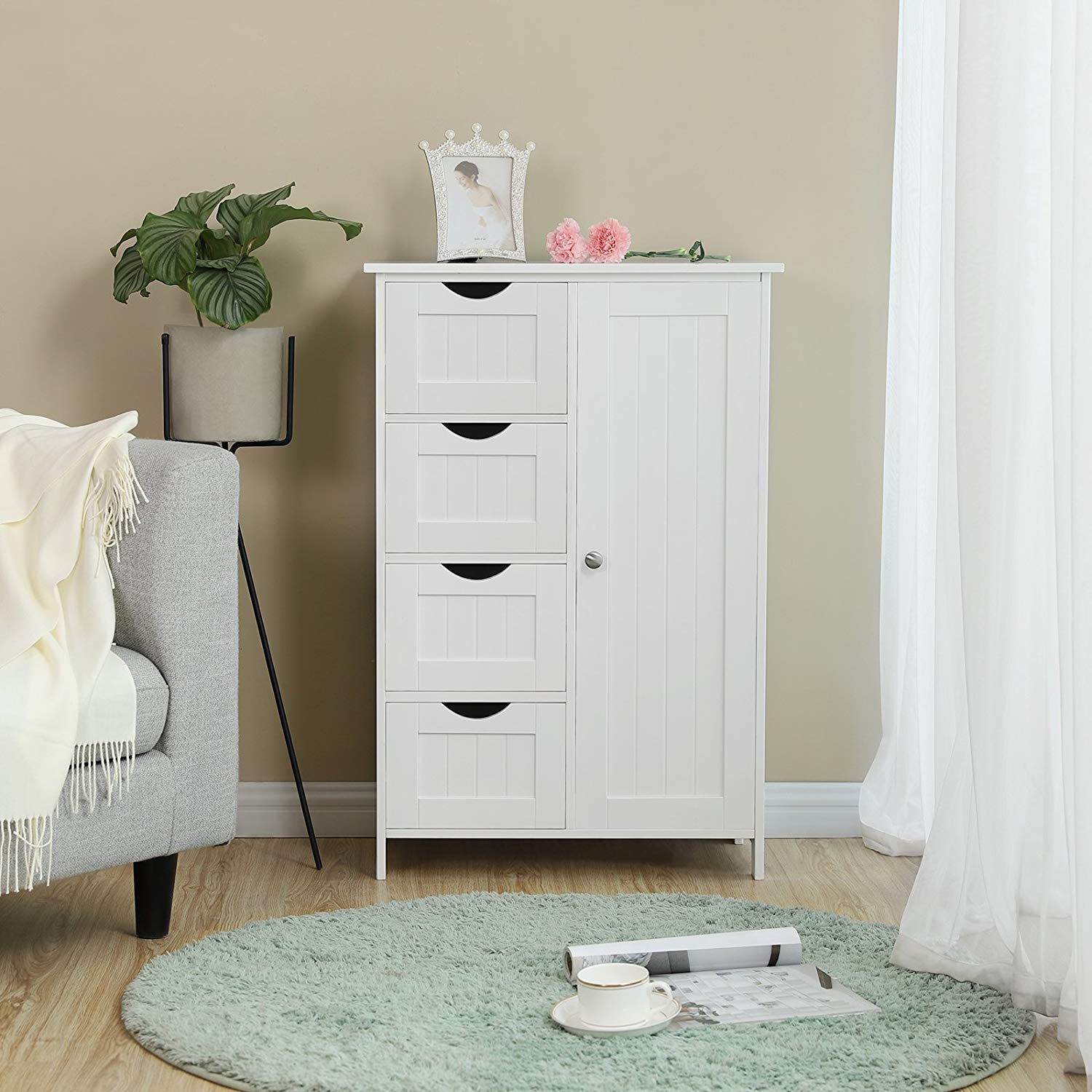 White 4-Drawer Bathroom Storage Cabinet with Cupboard - Freestanding Organizer for Bathroom, Office, Entryway & Living Room - Perfect for Towels, Toiletries, Office Supplies & Home Decor