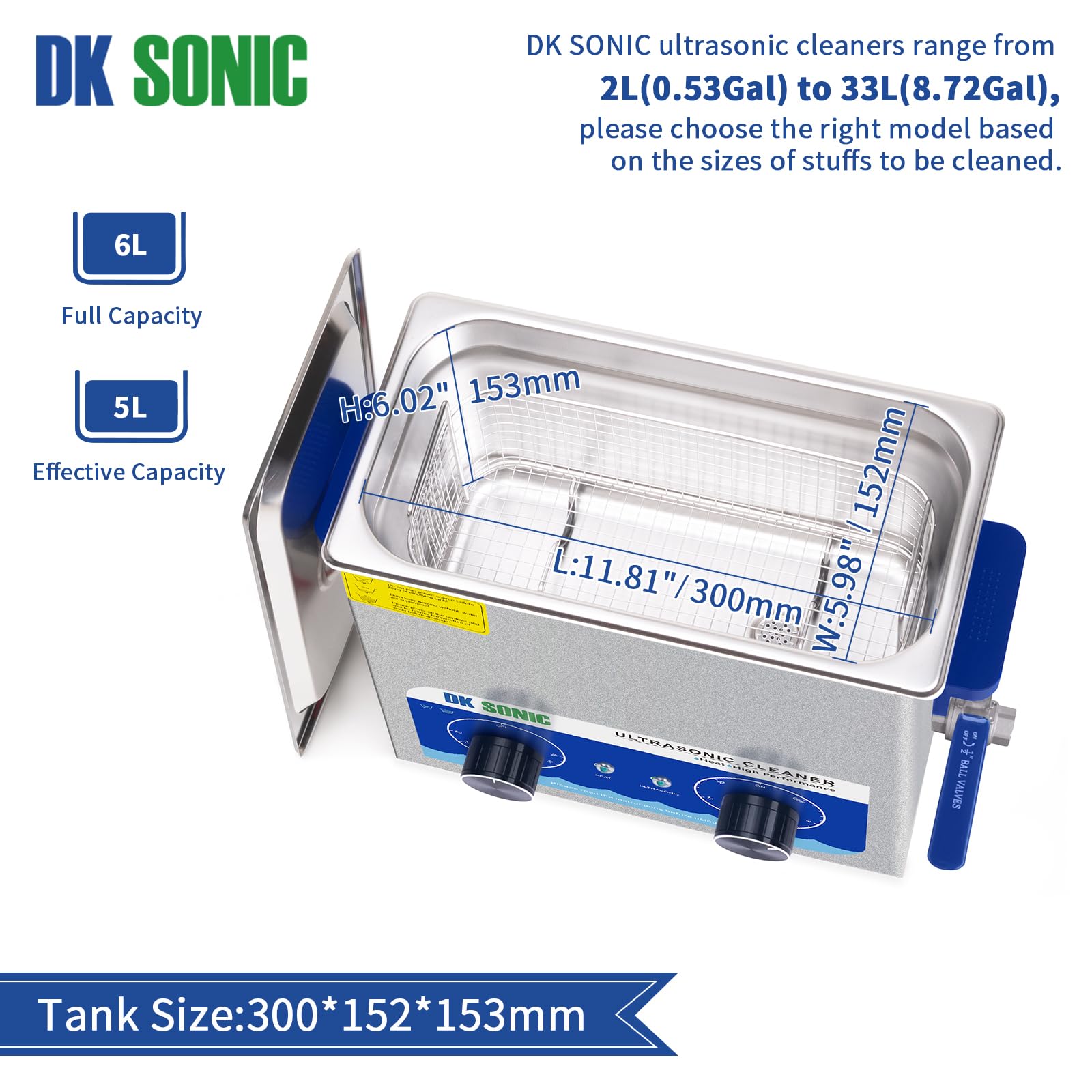 DK SONIC 6L Ultrasonic Carburetor Cleaner with Heater & Timer - Professional Ultrasonic Parts Cleaner for Jewelry, Eyeglasses, Watchbands, Coins, Gun & Carburetor Parts - Perfect for Home Workshop, Auto Repair & Jewelry Cleaning