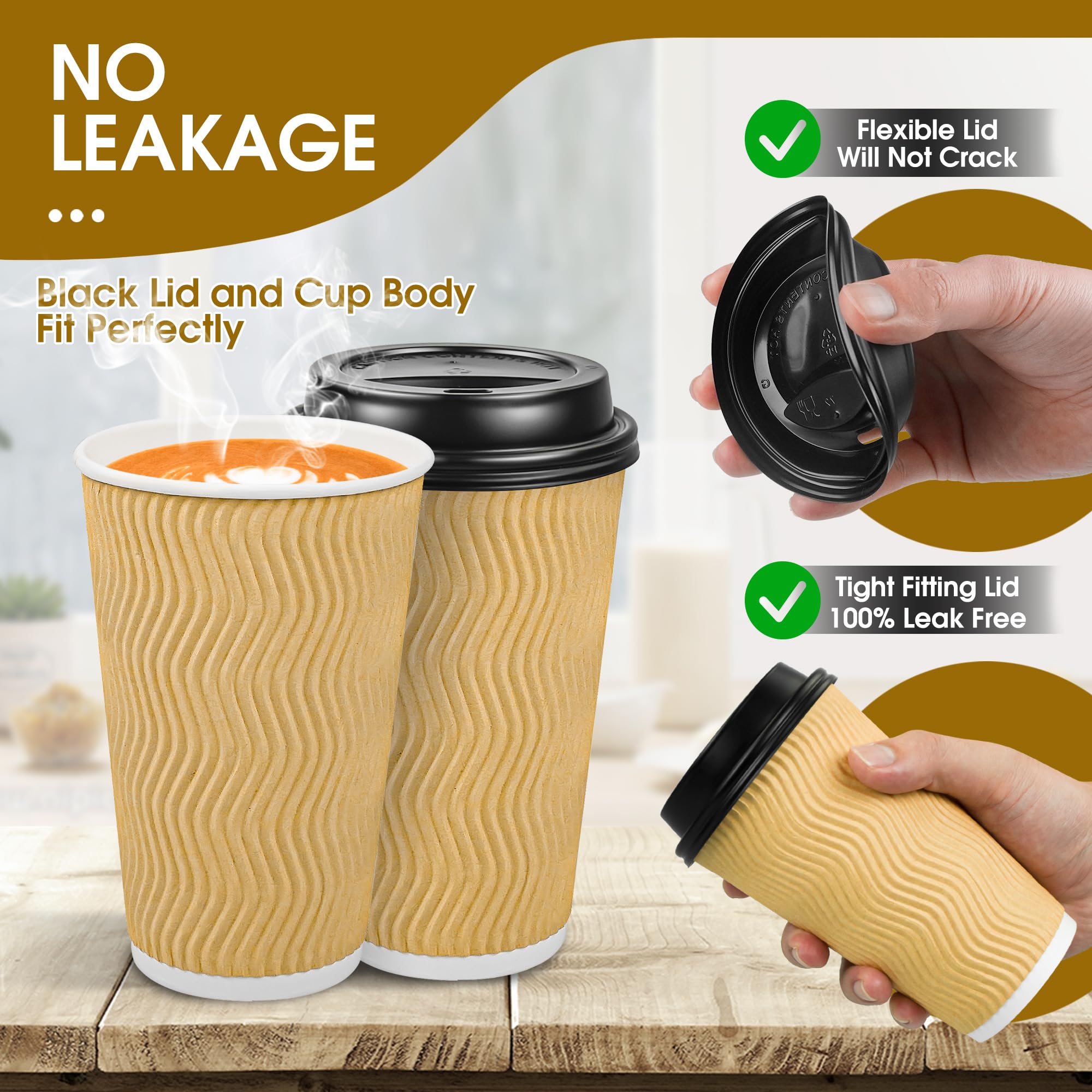 100 Pack 16 oz Disposable Coffee Cups with Lids - Insulated Ripple Wall Paper Cups for Hot & Cold Drinks | Perfect for Parties, Home Use, Travel & Office | Eco-Friendly Beige To-Go Cups