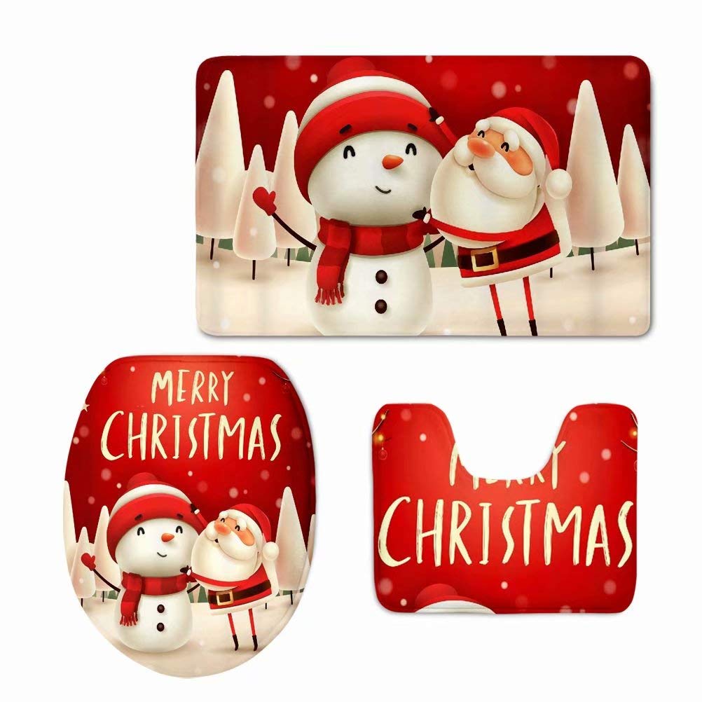 Buybai Christmas Bathroom Rug Set - 3 Piece Non-Slip Toilet Seat Cover, Bath Mat & Lid Cover - Holiday Home Decor for Festive Bathroom Makeover